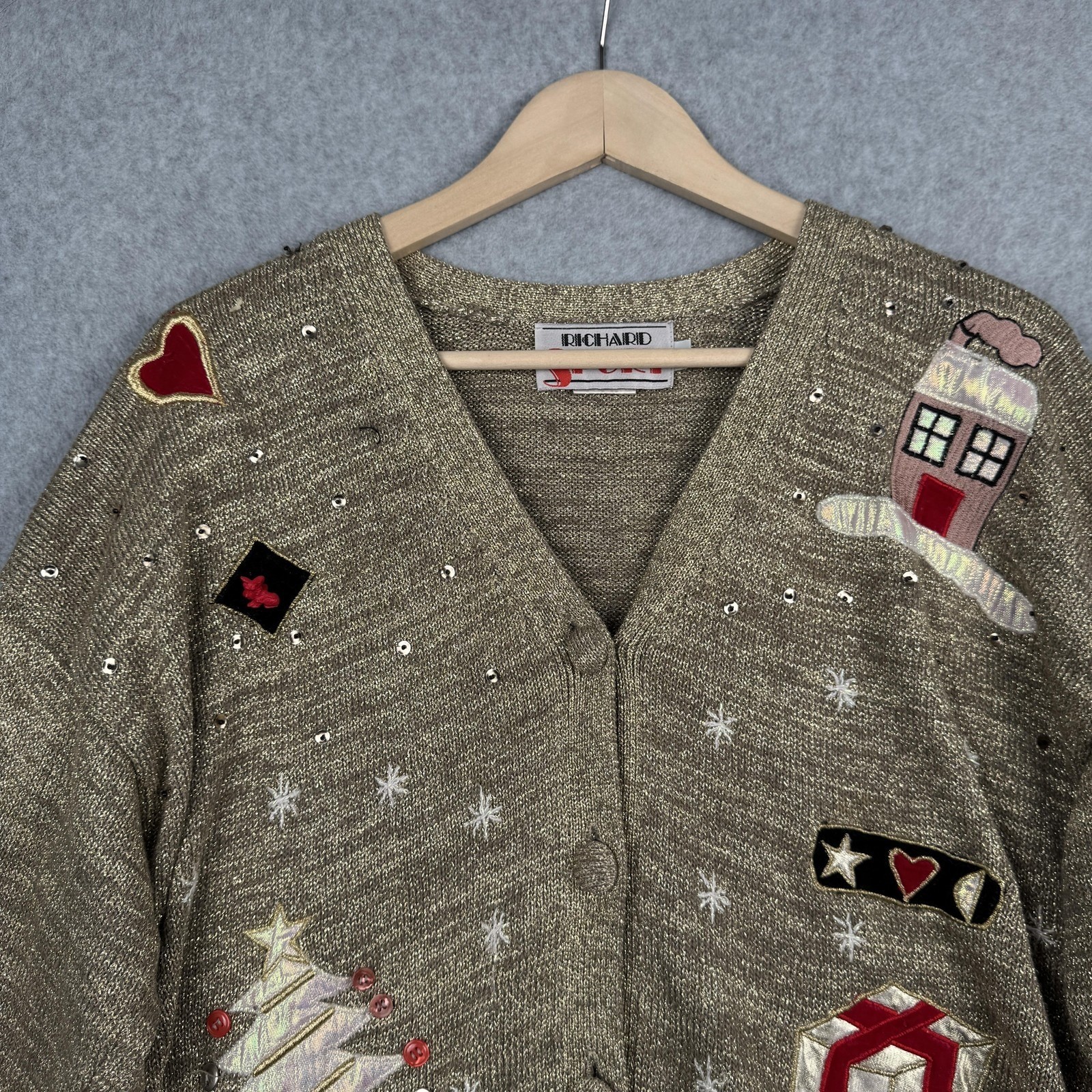 VTG Richard Sport Cardigan Sweater Womens L Gold Metallic Christmas Embroidered