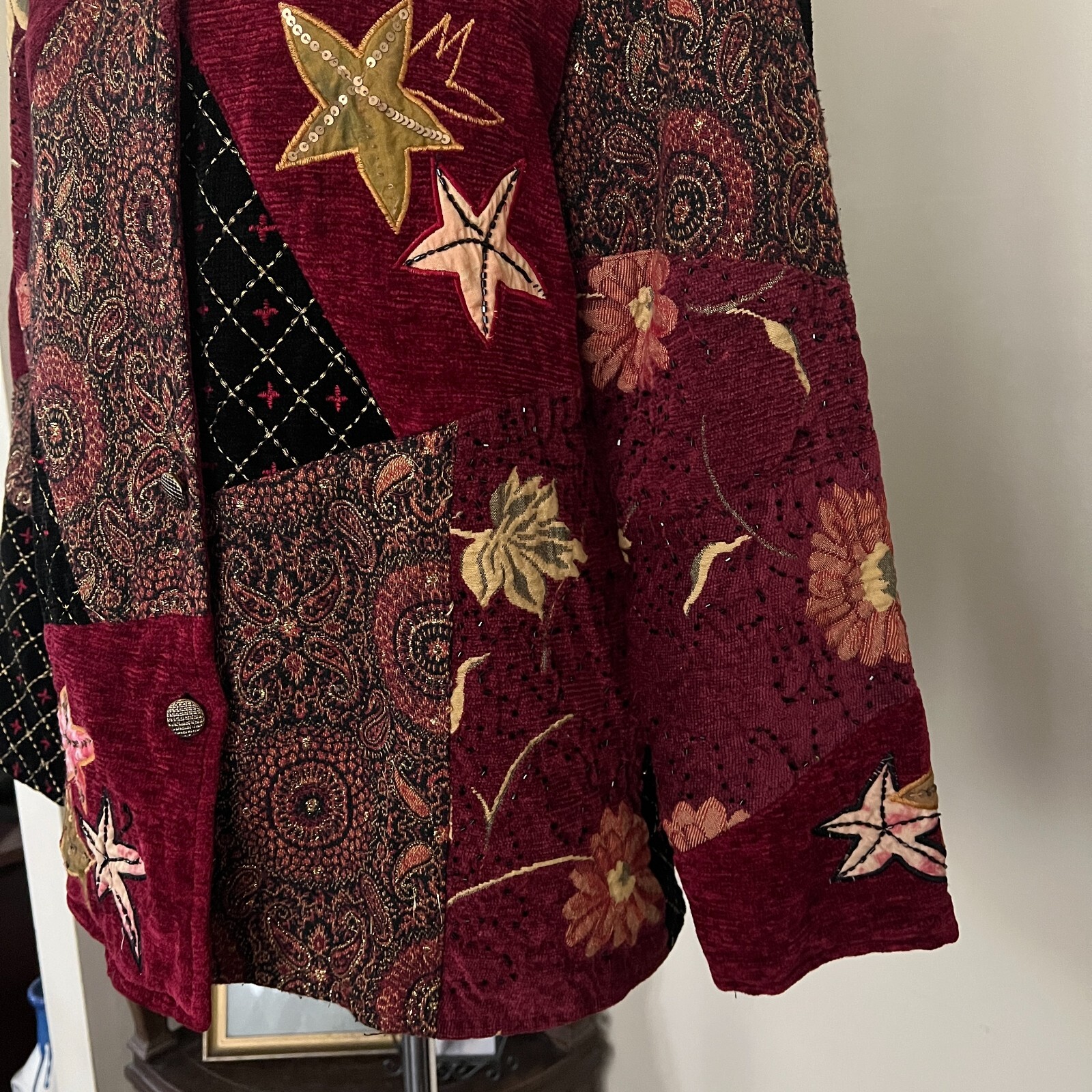 Alex Kim Vintage Burgundy Embroidered Patchwork Jacket sz Petite M