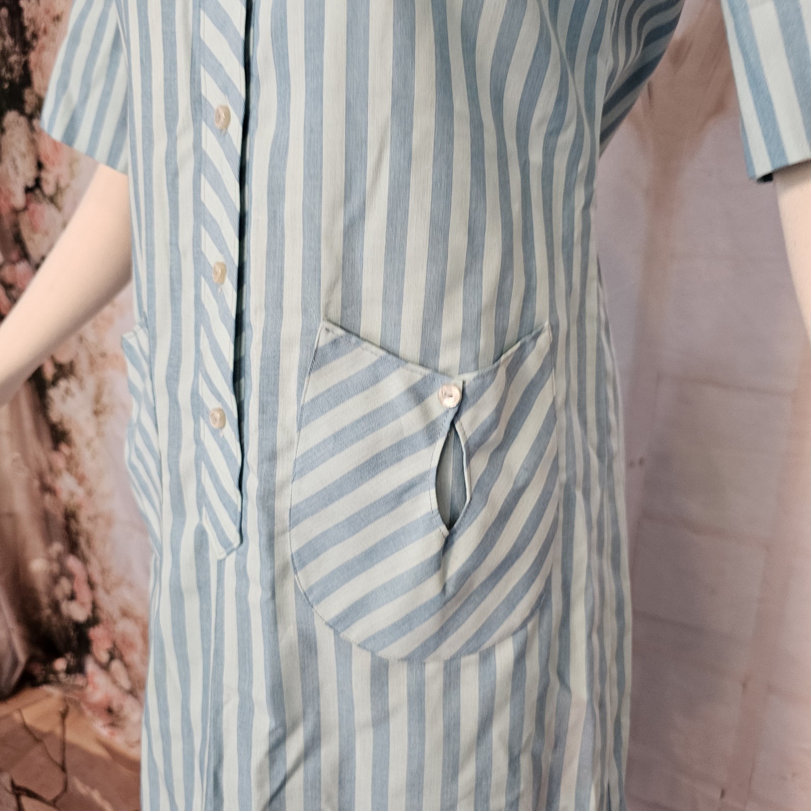Vintage 1960’s Dress Shift Mod Blue Stripe Pockets Collar Short Sleeves Westbury