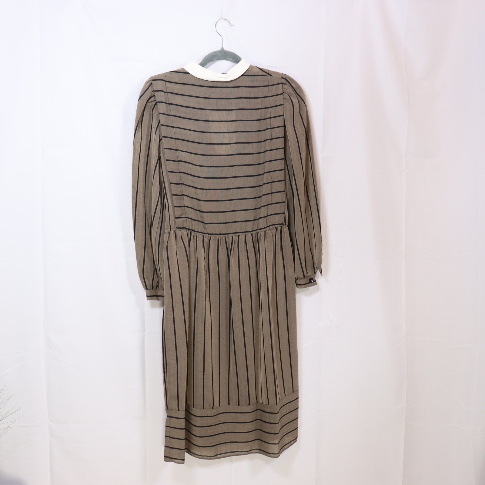 Taurus II Striped Long Sleeve Dress 10 Brown Womens Vintage Collared Midi
