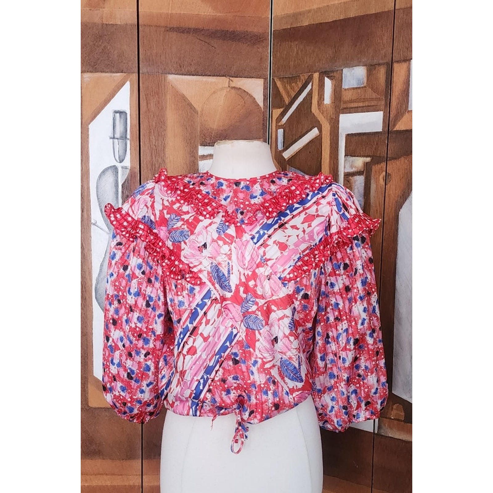 Vintage 80s Diane Freis Blouse Bold Print Poly Georgette Ruffles Pink Red