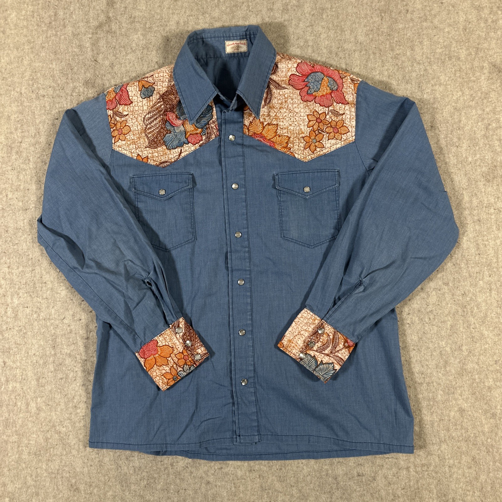 Vintage Button-Down Shirt Large? Handmade Shirley Pearl Snap Blue