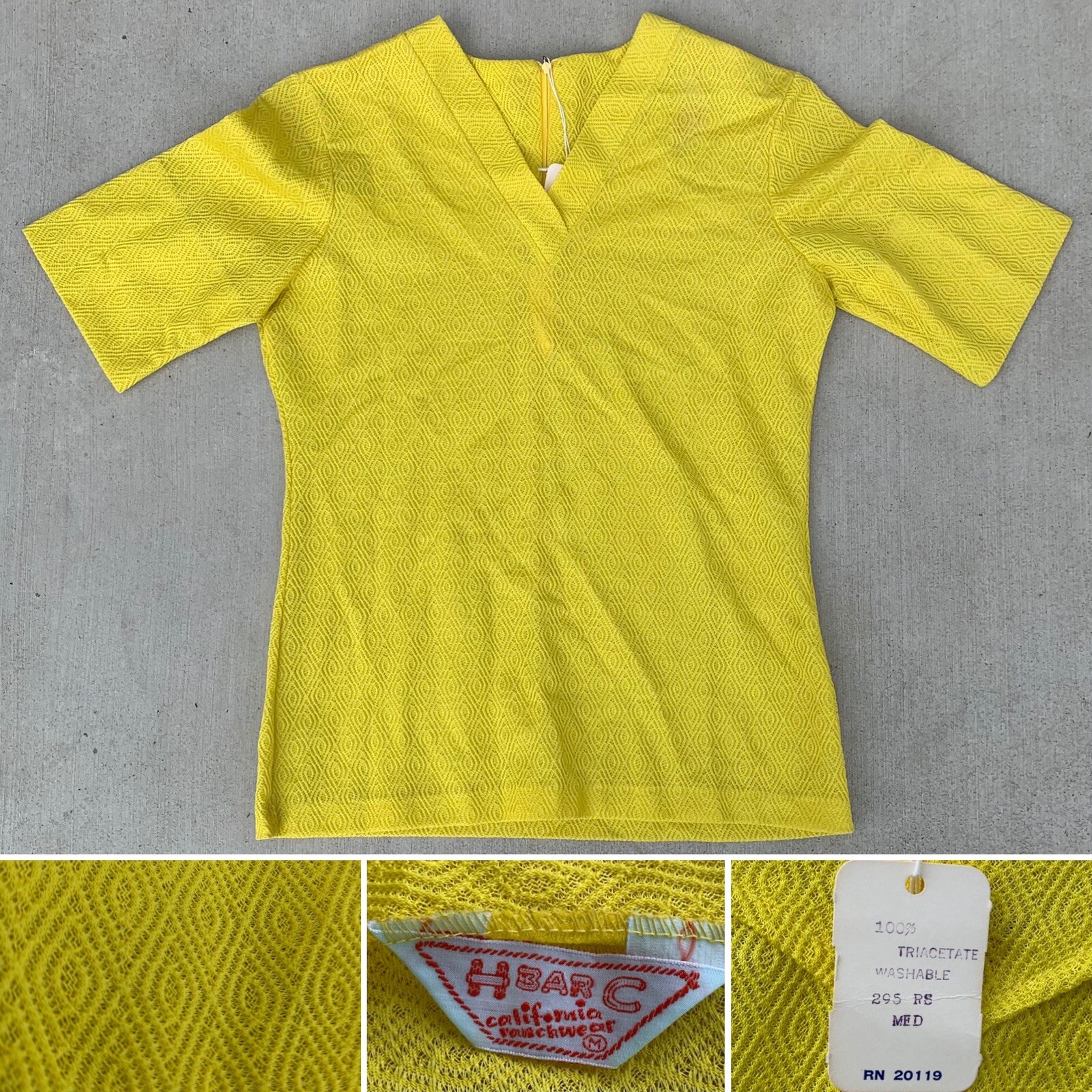 Vintage H Bar C California Ranchwear Top Diamond Pattern Knit Yellow 60s 70s M