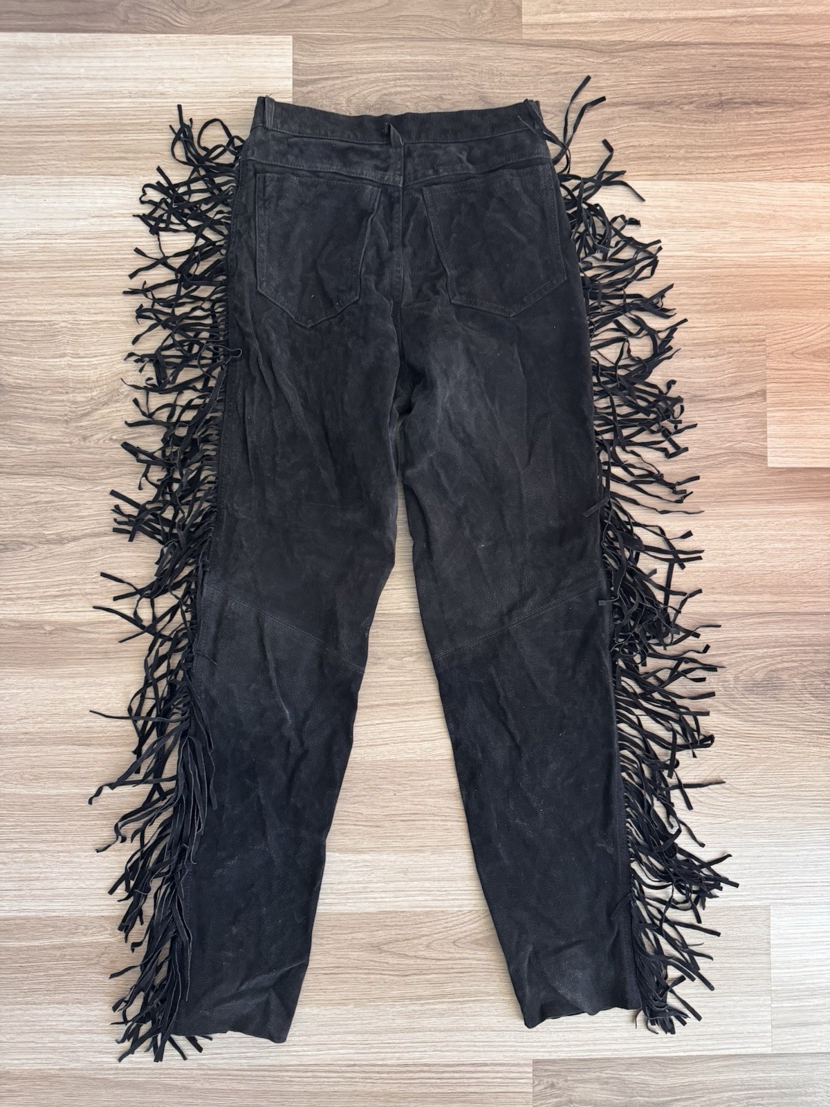 Vintage 70s 80s Black Leather Suede Festival Cowgirl Western Style Fringe Pants