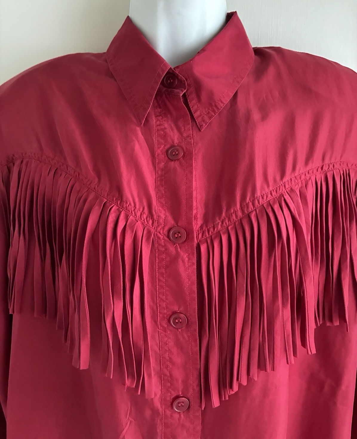 Capezio Vintage 80s Red Silk Fringe Shoulder Pad Button Up Blouse Med Large