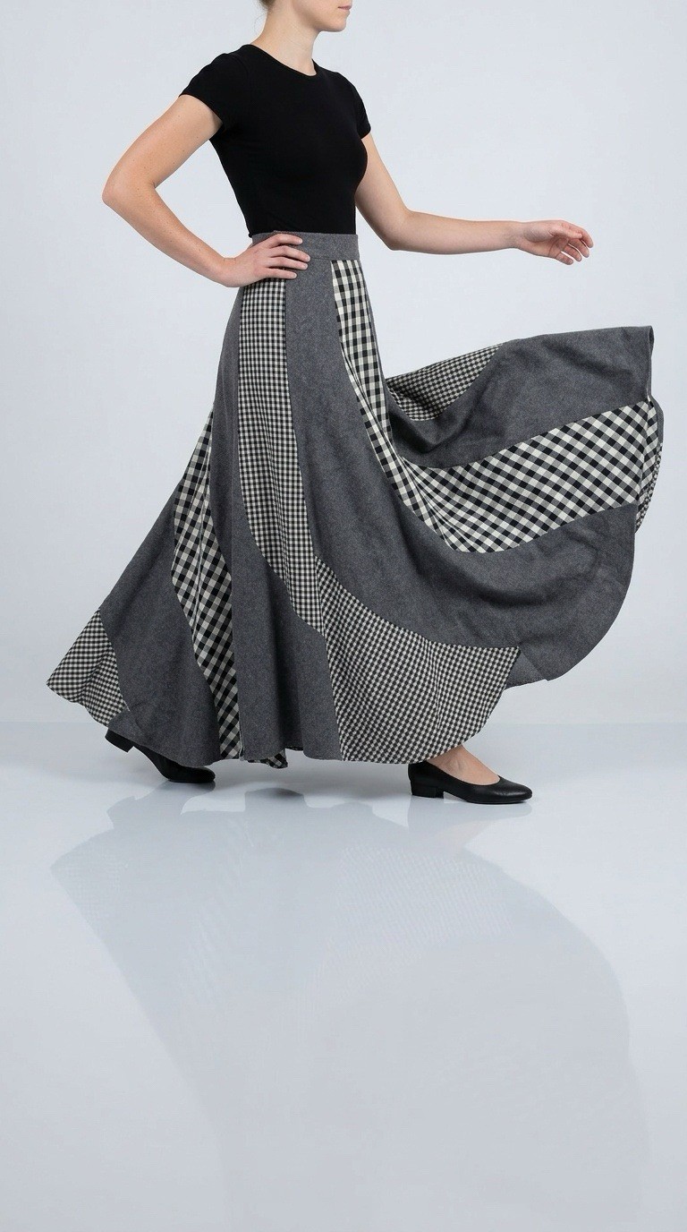Vintage 70’s ARTBRO Black & White Plaid Check Gray Wool Patchwork Maxi Skirt Sml