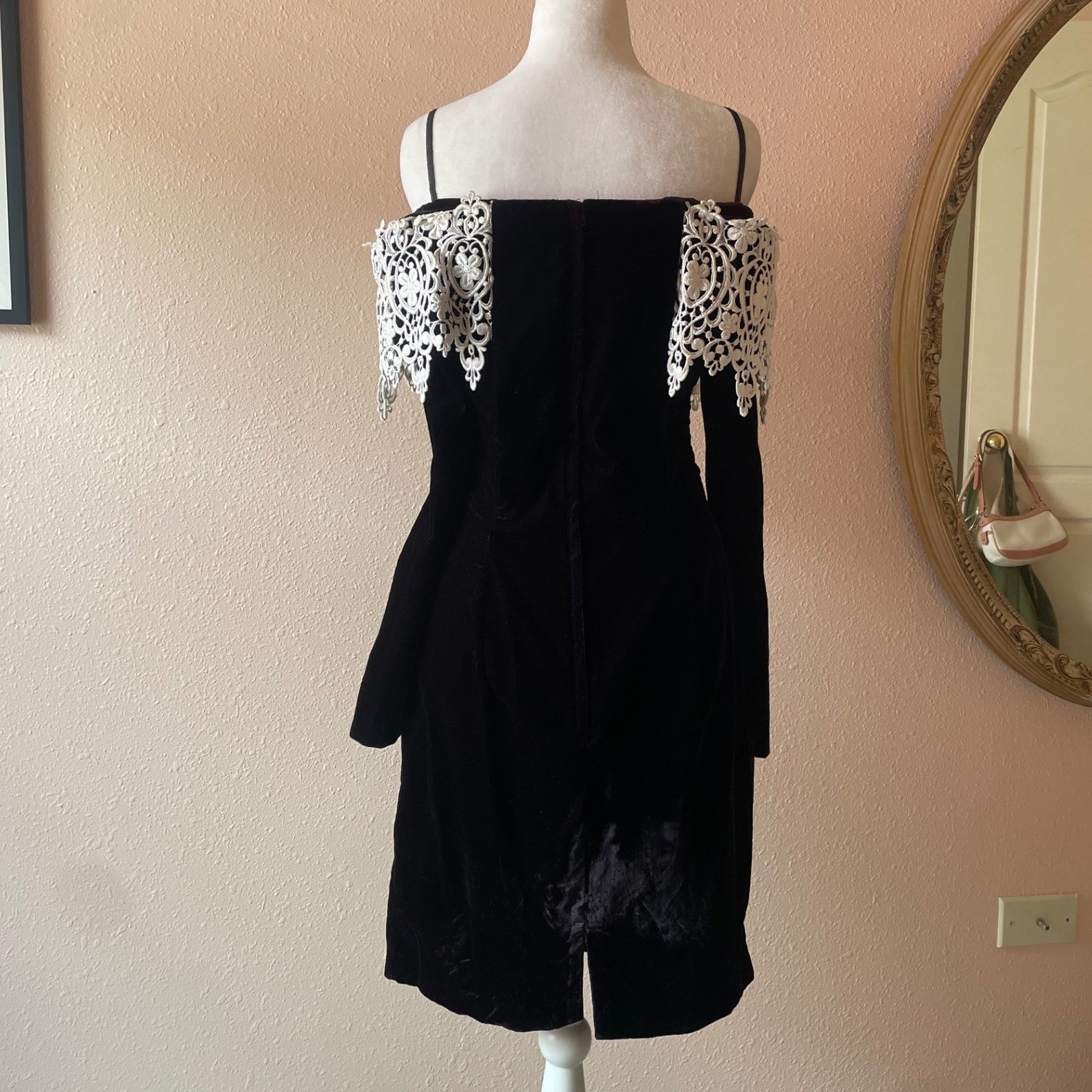Vintage 80s / 90s Velvet Off the Shoulder Lace Cocktail Dress