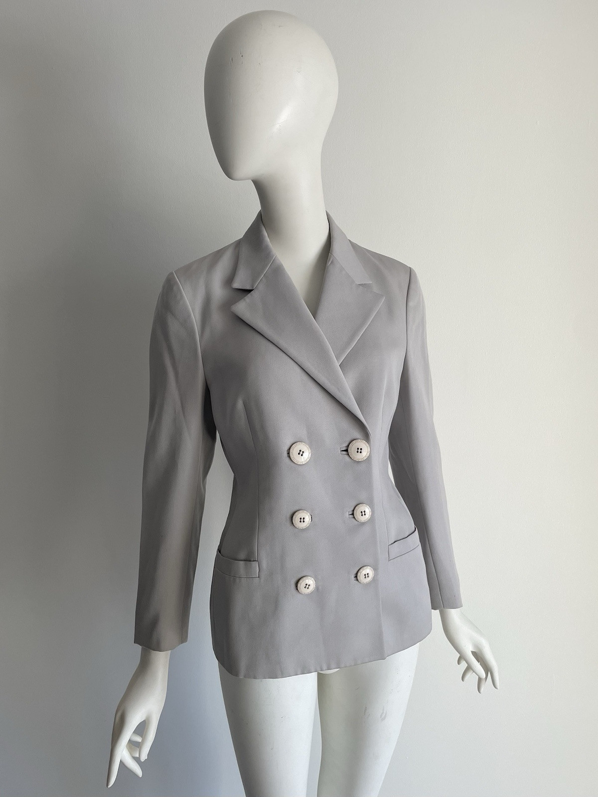 Vintage 1990s Gianni Versace Light Gray Wool Double Breasted Blazer Jacket 40