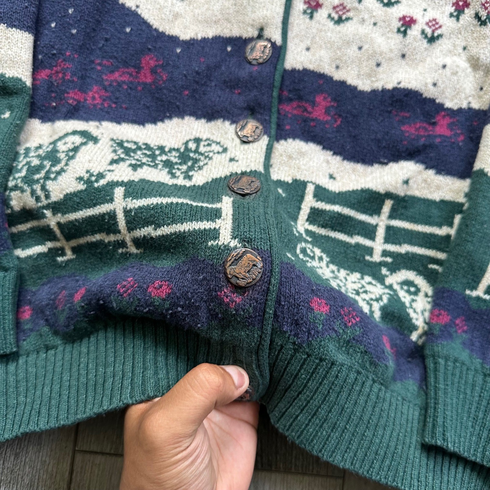 Vintage Nature Womens Northern Reflections Cardigan Sweater Green Wool Blend S/P