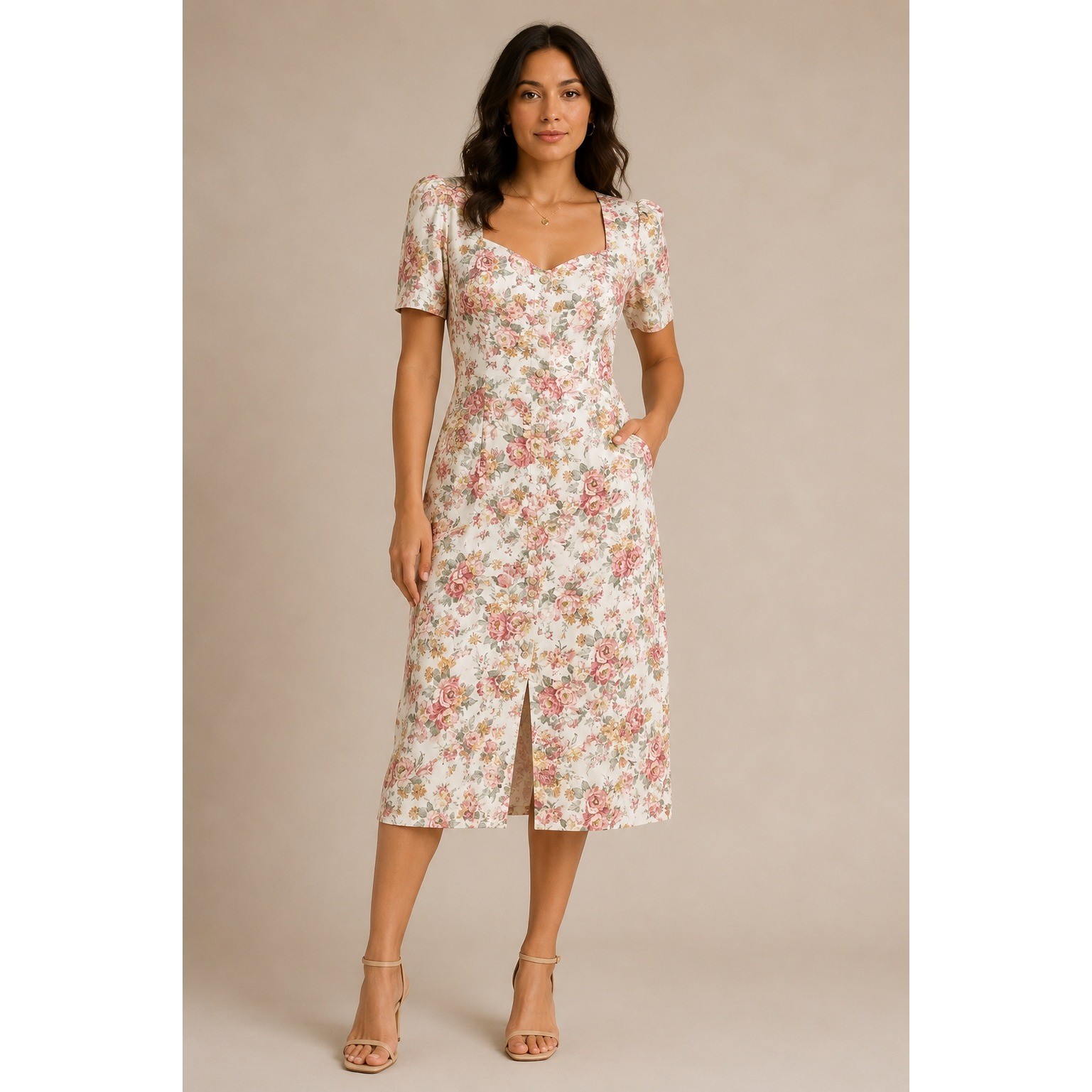 Dawn Joy Fashions Floral Midi Dress Cottagecore Boho Romantic Pink Cream Small