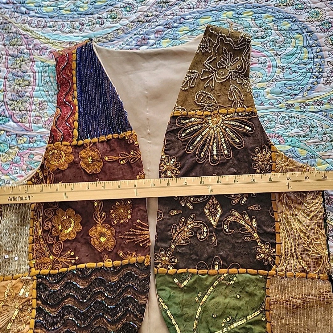 Vintage Beaded Patchwork Open Front Vest Sz O/S Hippie Boho Bohemian Cottage 90s