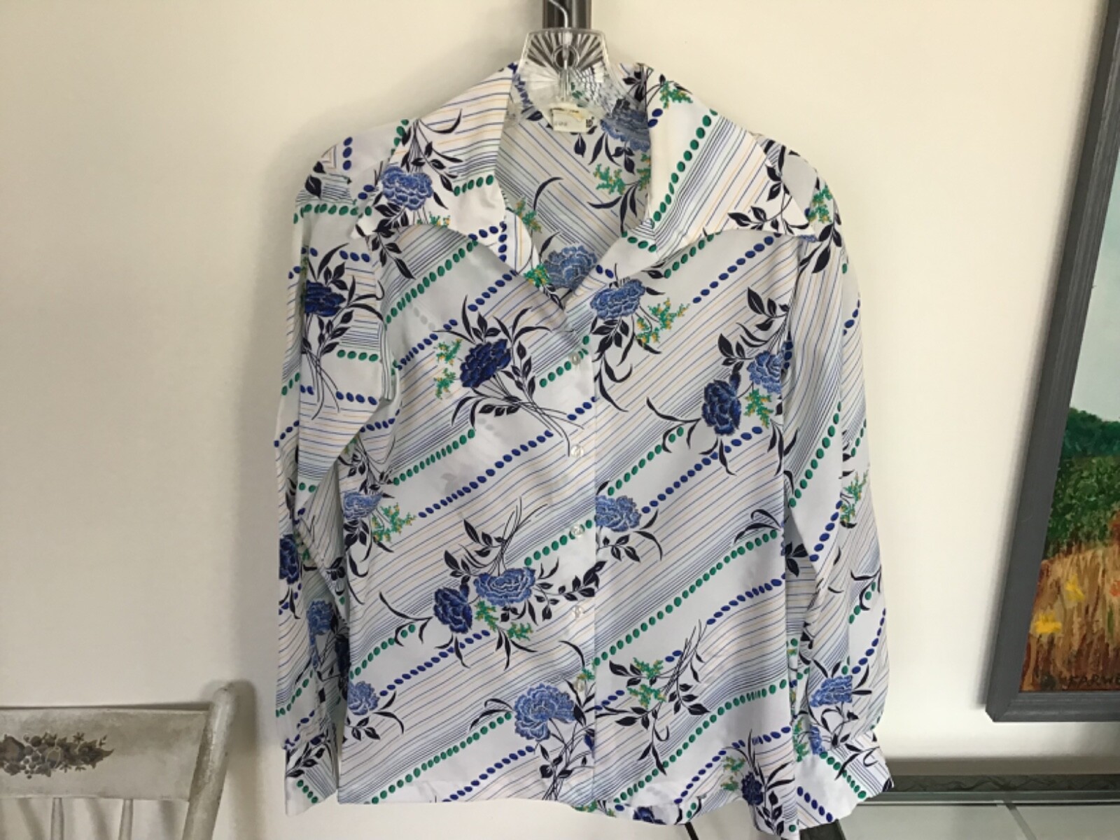 Vintage 70’s GAILORD Texturized Polyester Blue Floral Blouse Size 8 Disco Era!