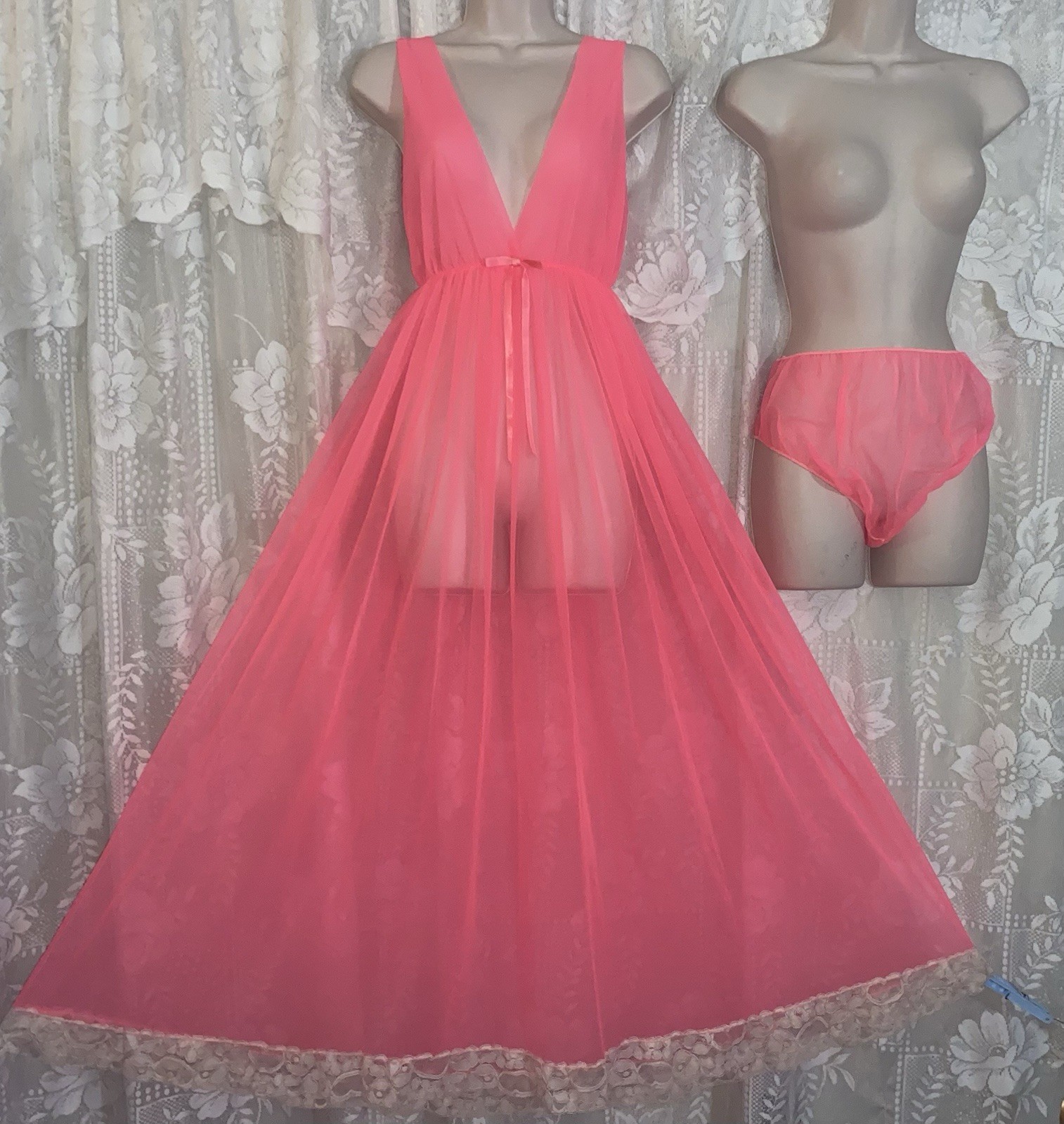 VTG NWOT L XL NEON CORAL Ultra Sheer Chiffon Full Sweep Nightgown w Panties Set
