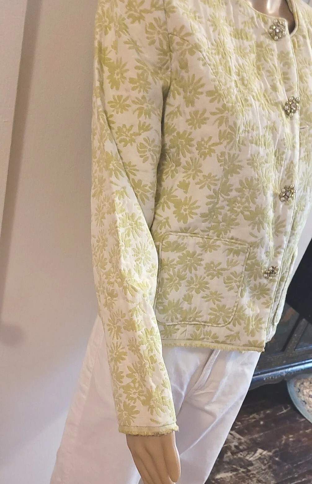 Vintage 1990s Evening/Cocktail Jacket GREEN/IVORY SZ M Floral Print Jaquard NWOT