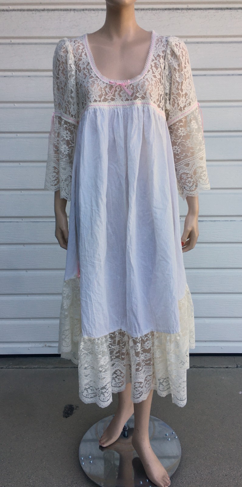 Vtg AC Gauze White Lace Nightgown Prairie Dress Empire Waist USA sz M