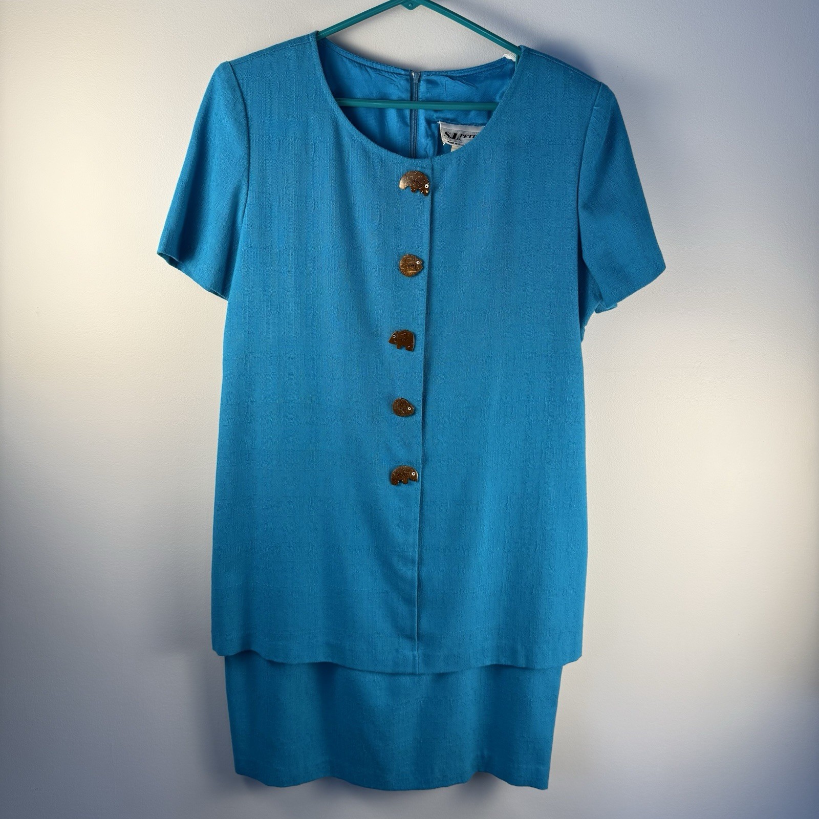 Vintage S.L. Petites Dress Size 12P Wood Buttons Made In USA One- Piece Zip Back