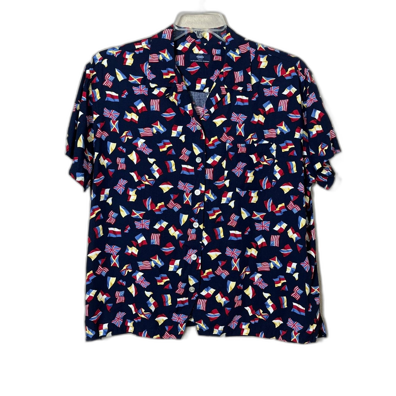 Crazy Horse Liz Claiborne VTG USA British France Flag Blouse Button Down