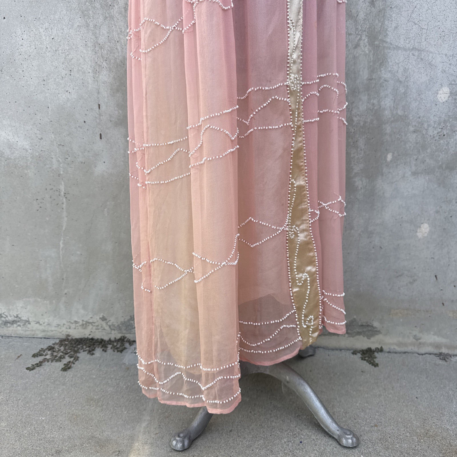 Antique 1920s Pink Silk Chiffon Dress Beaded Waves Oppenheim Collins Vintage