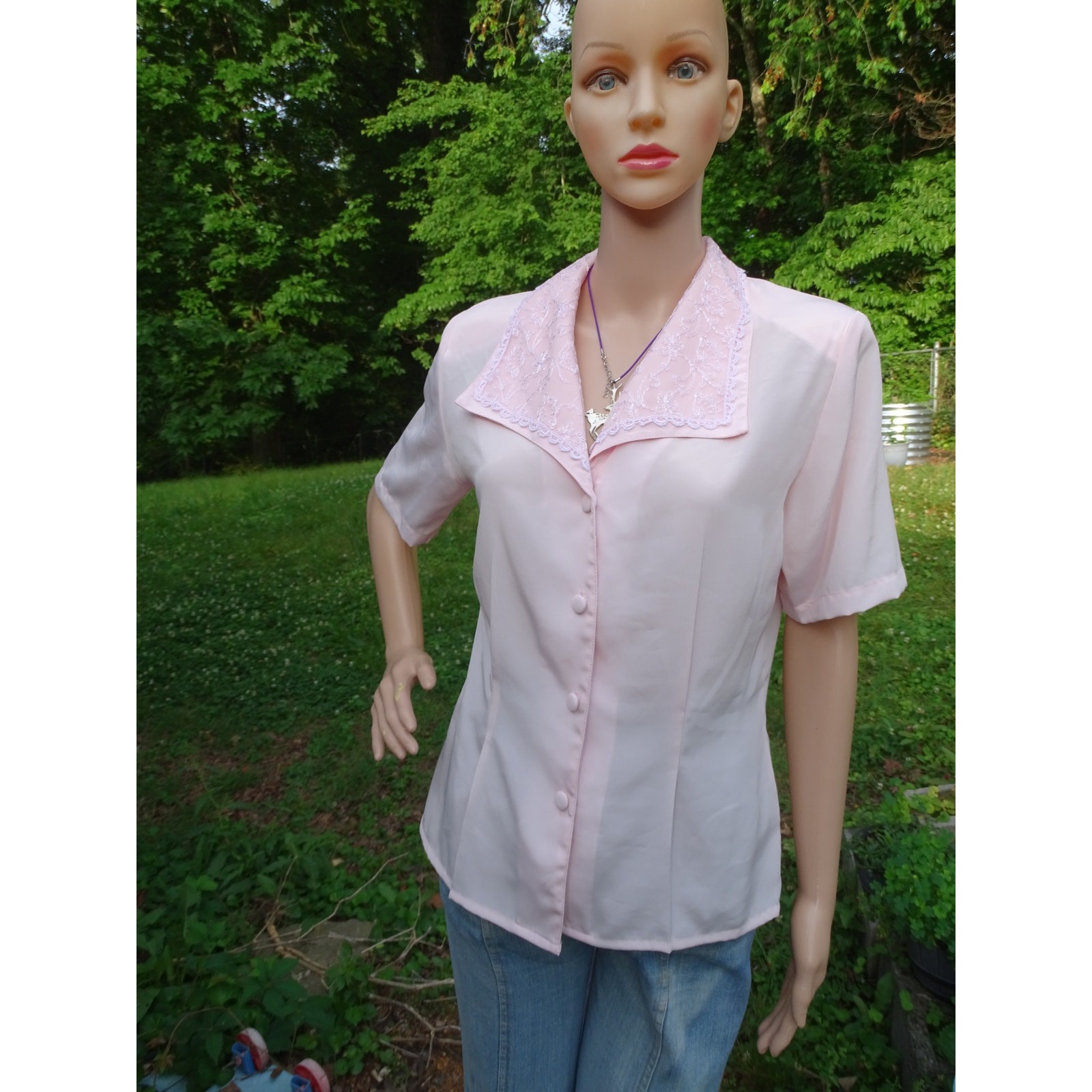 Vtg 80s Impressions of California Pink Blouse Lace Trim Short Sleeve Shirt