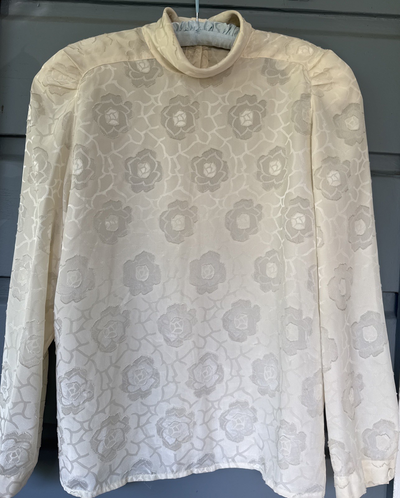Vintage 80s High Neck Secretary Blouse- Ivory Rose Damask- Size M