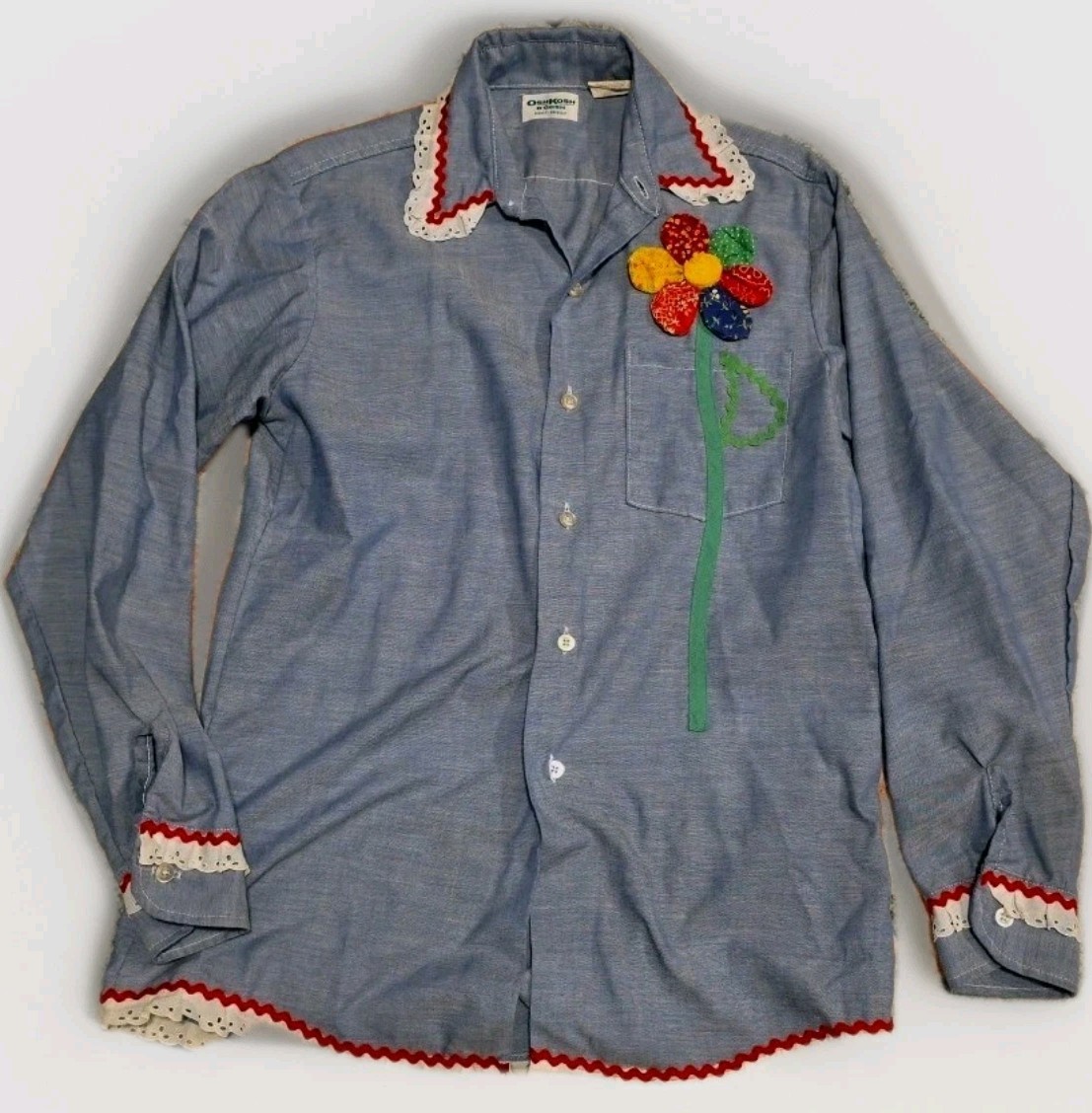 70s Women’s Osh Kosh B’Gosh Embroidered Chambray Lace Shirt Large Vintage