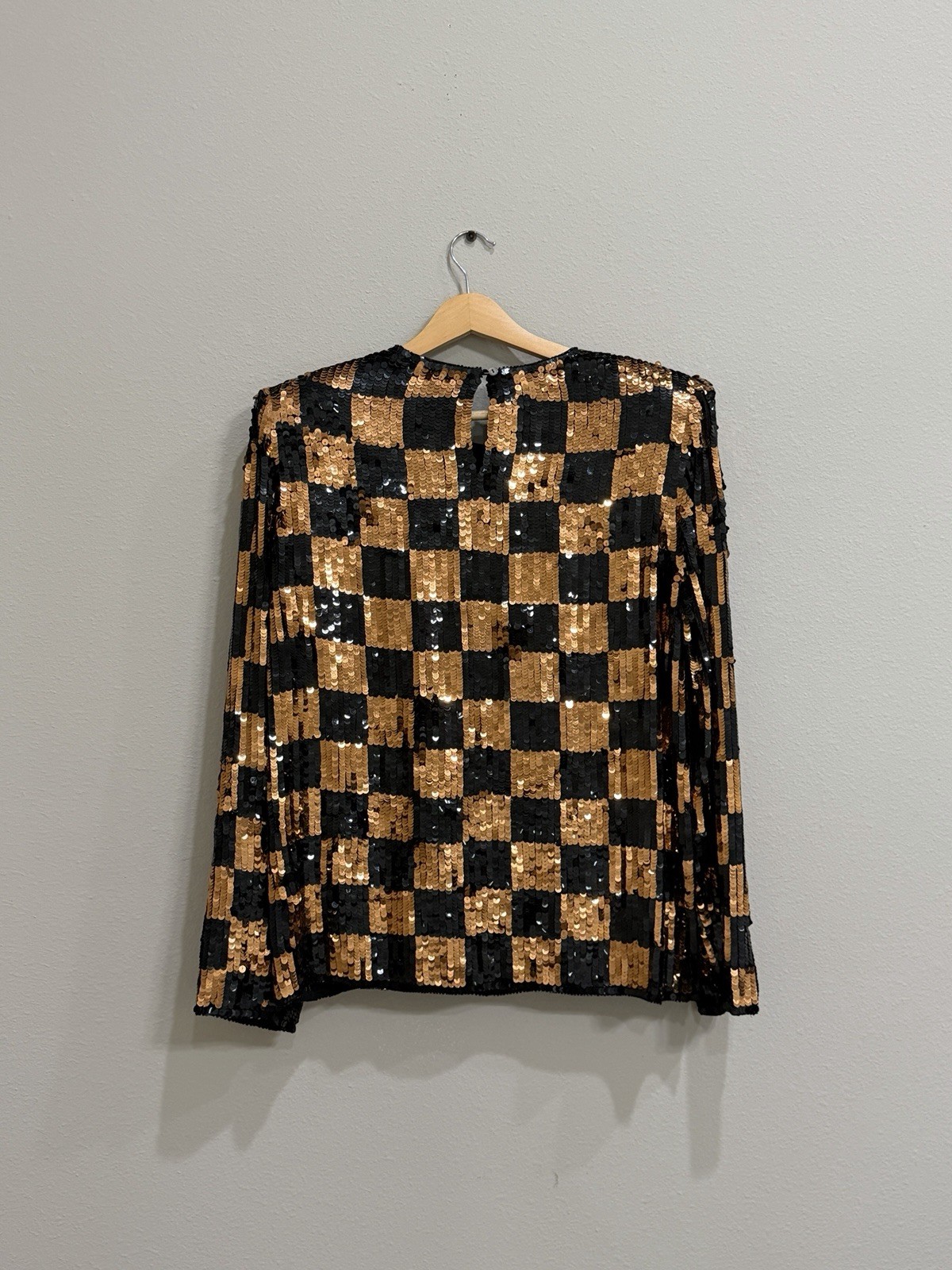 Vintage Silk Black Gold Copper Checkerboard Sequin Blouse Argenti Notte Medium