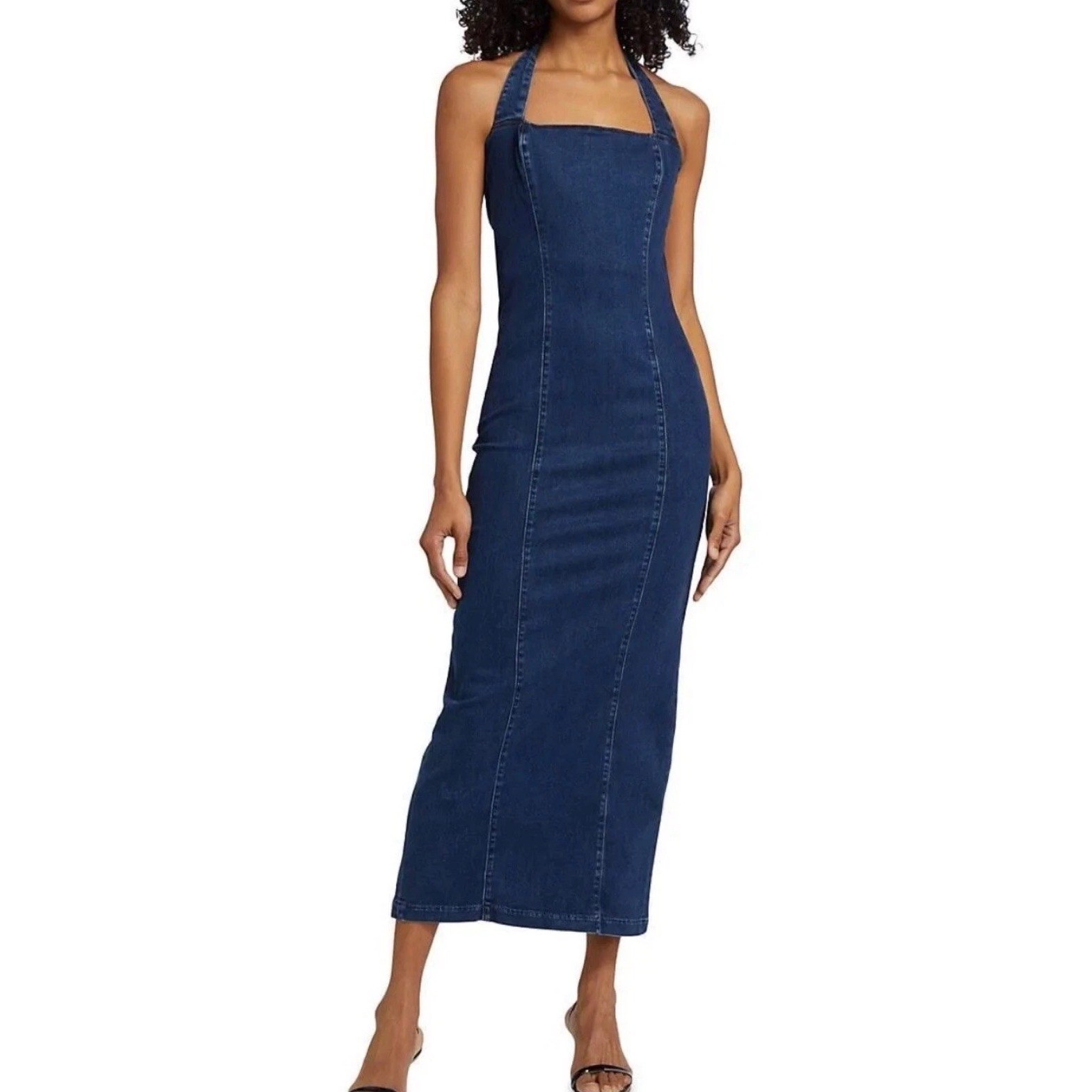 Reformation Evita Denim Midi Dress 8 Vermillion Wash Stretch Denim Halter NWT