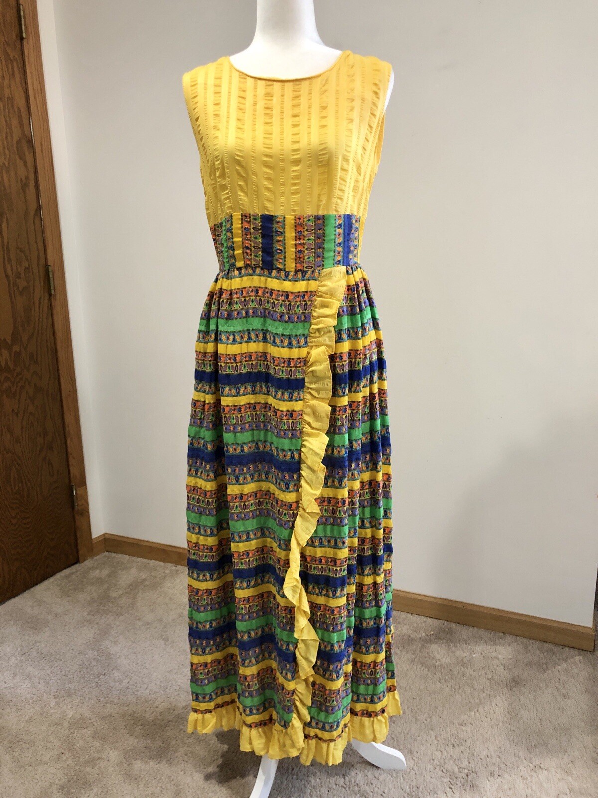 Vintage Lounge Craft Yellow Multi Sleeveless Ruffles 60s 70s Retro Maxi Dress