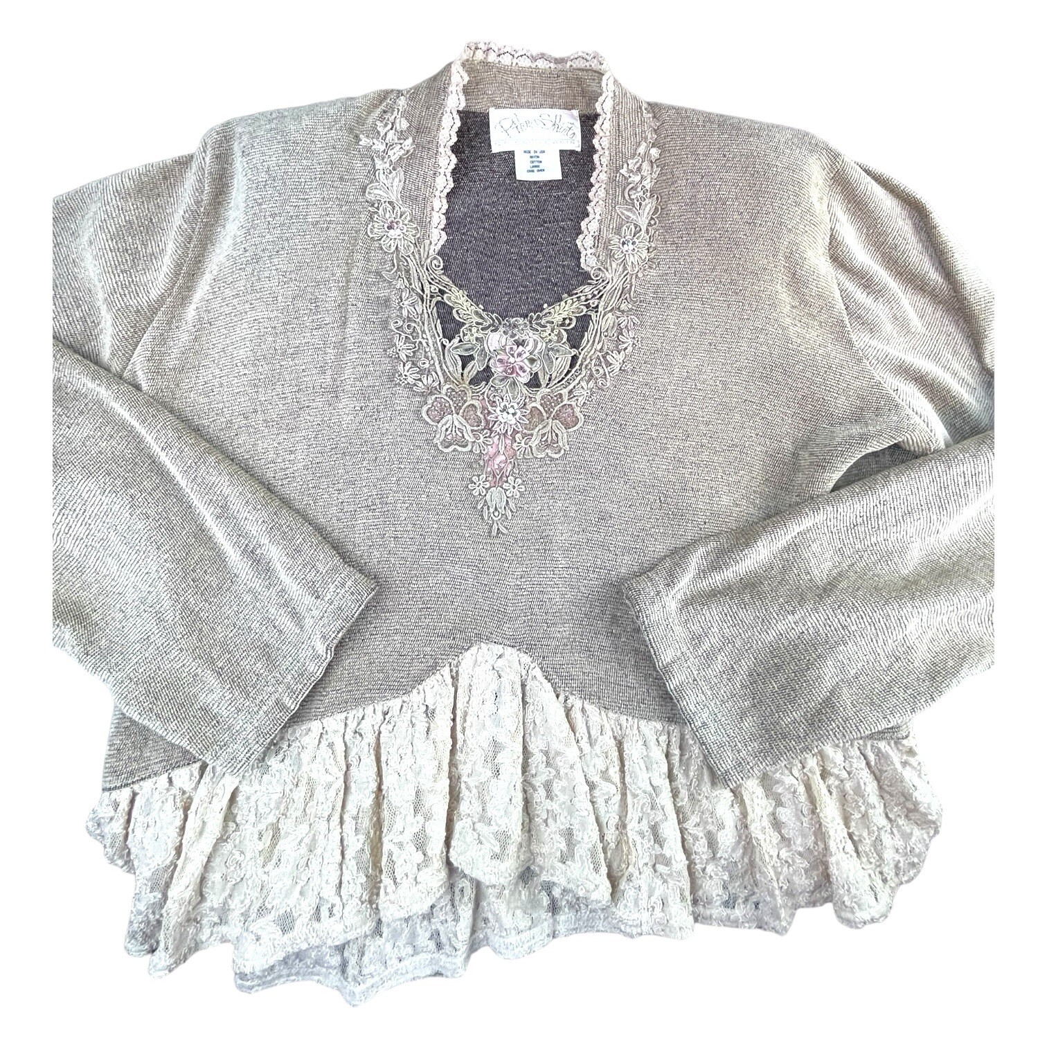 USA Vintage PHUN Shirts Women’s Pant and Shirt Set Tan with Lace Beaded Sz L