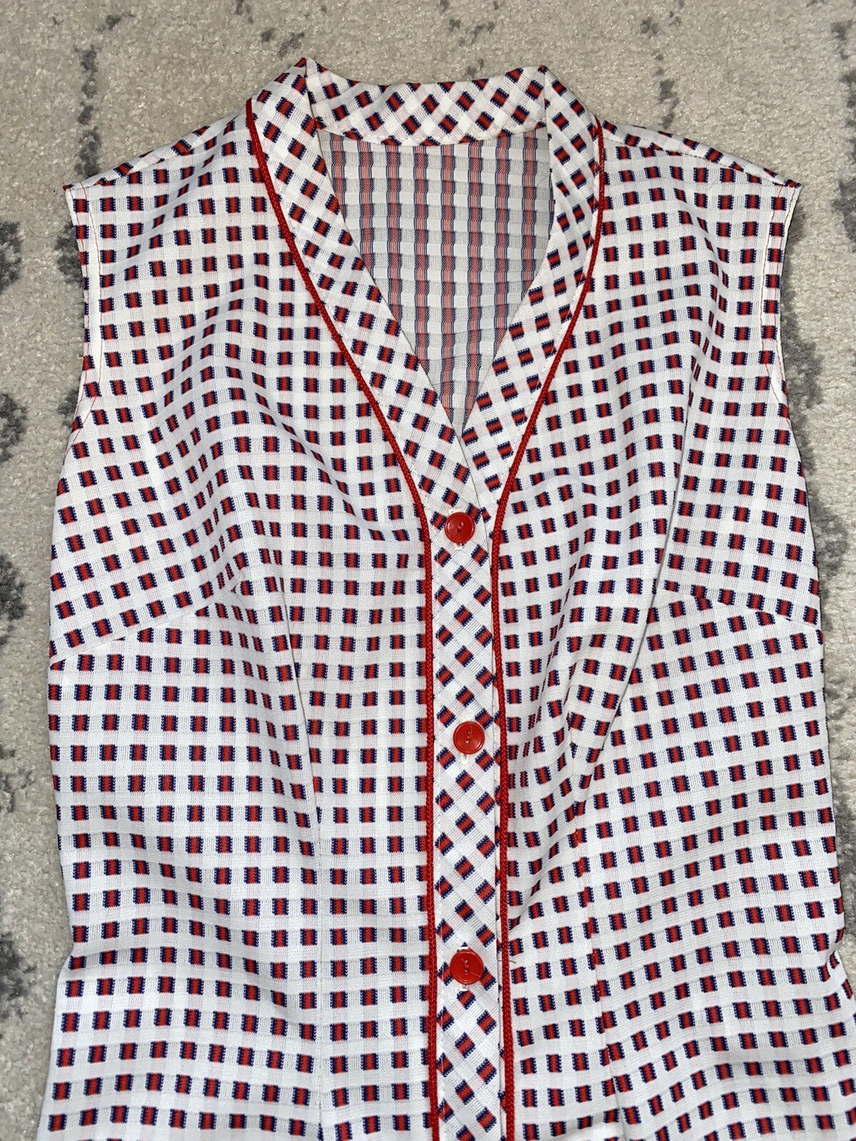 Vintage Summer Dress, 60s-70s Button Front w Pockets S/M, Red White Blue MCM