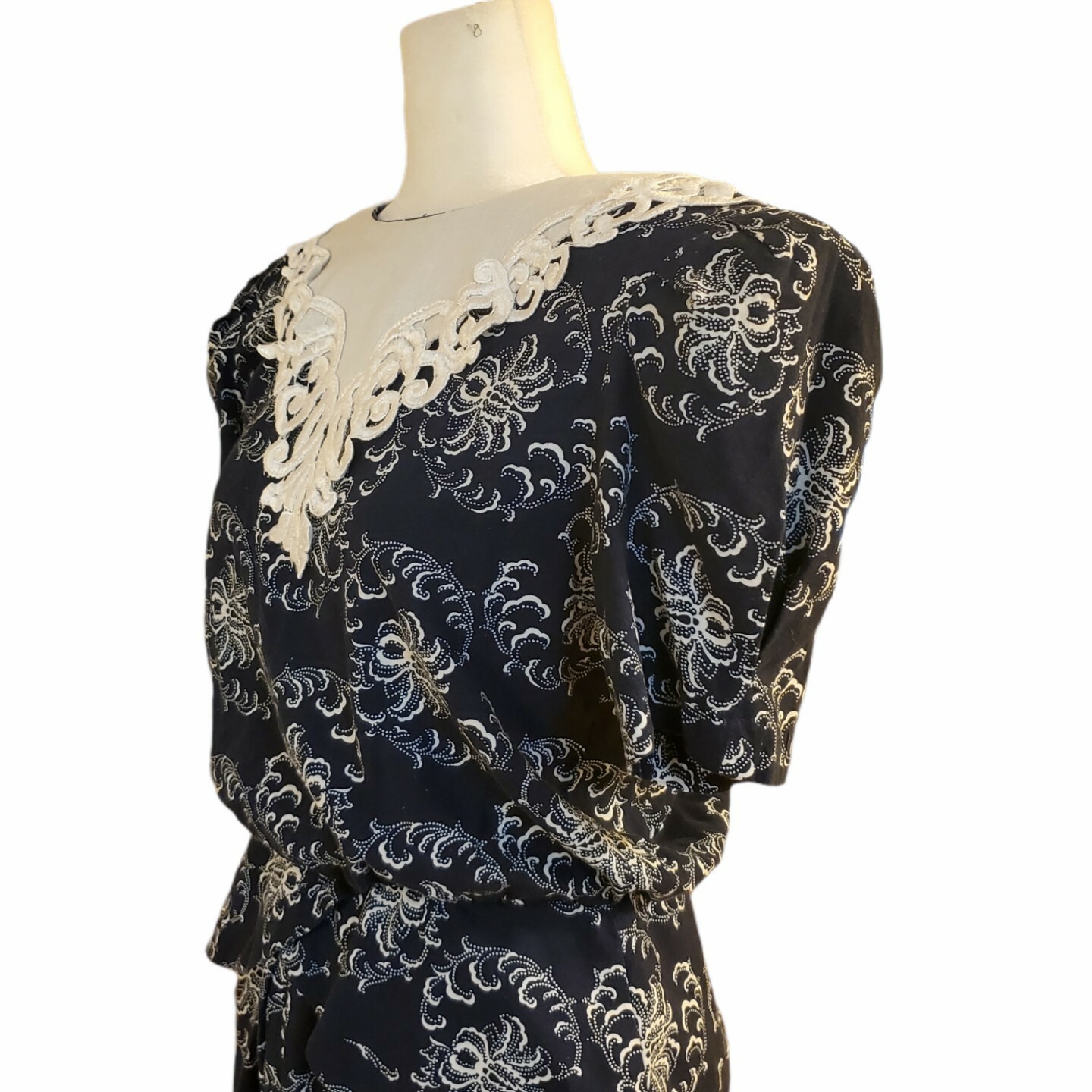 VTG 80s Lisa Petites Women’s 12 Dress Cottagecore Crochet Collar Navy Blue