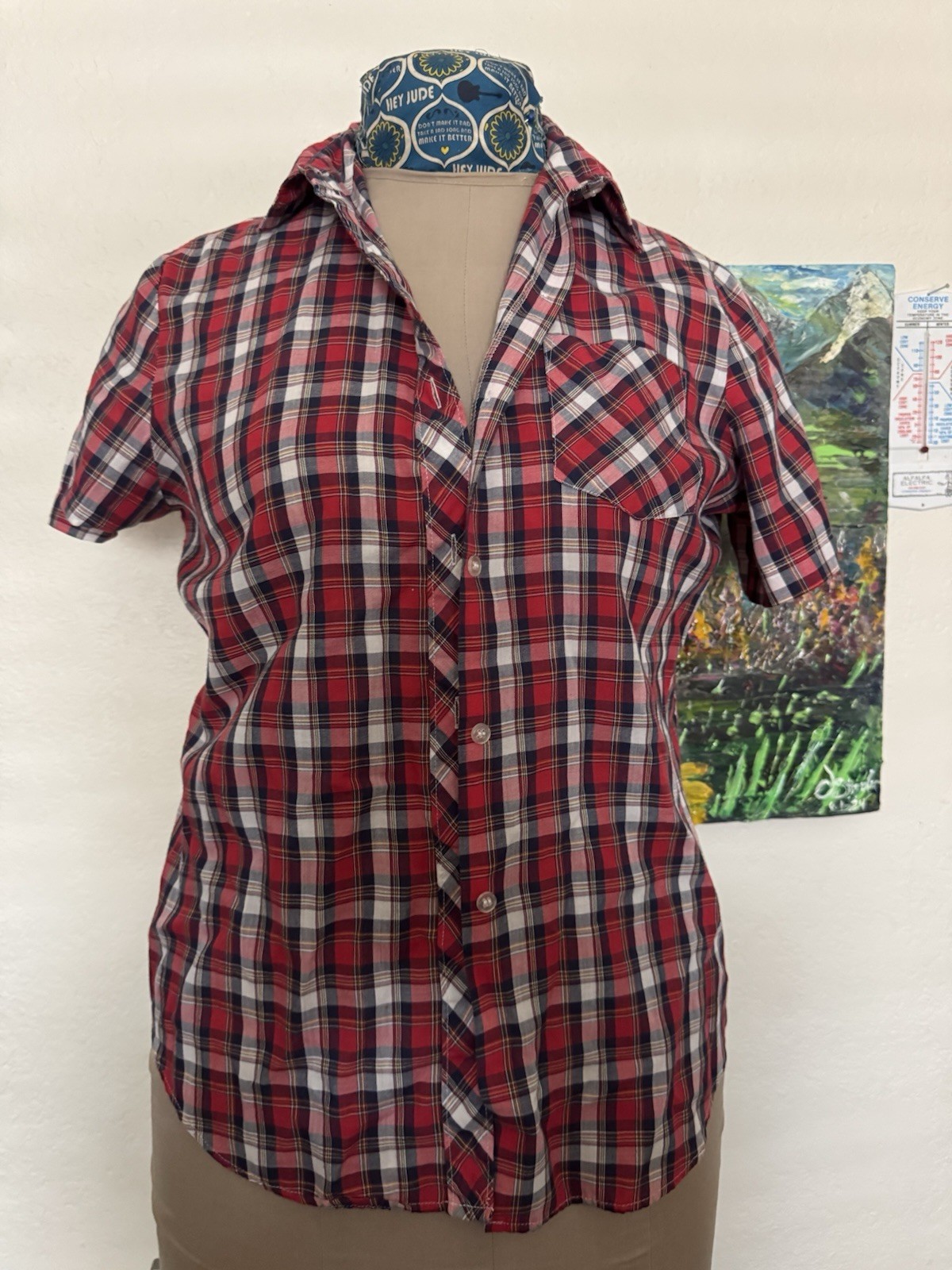 Vintage 70s Sears The Fashion Place Red Blue Plaid Button Down Shirt Size 14