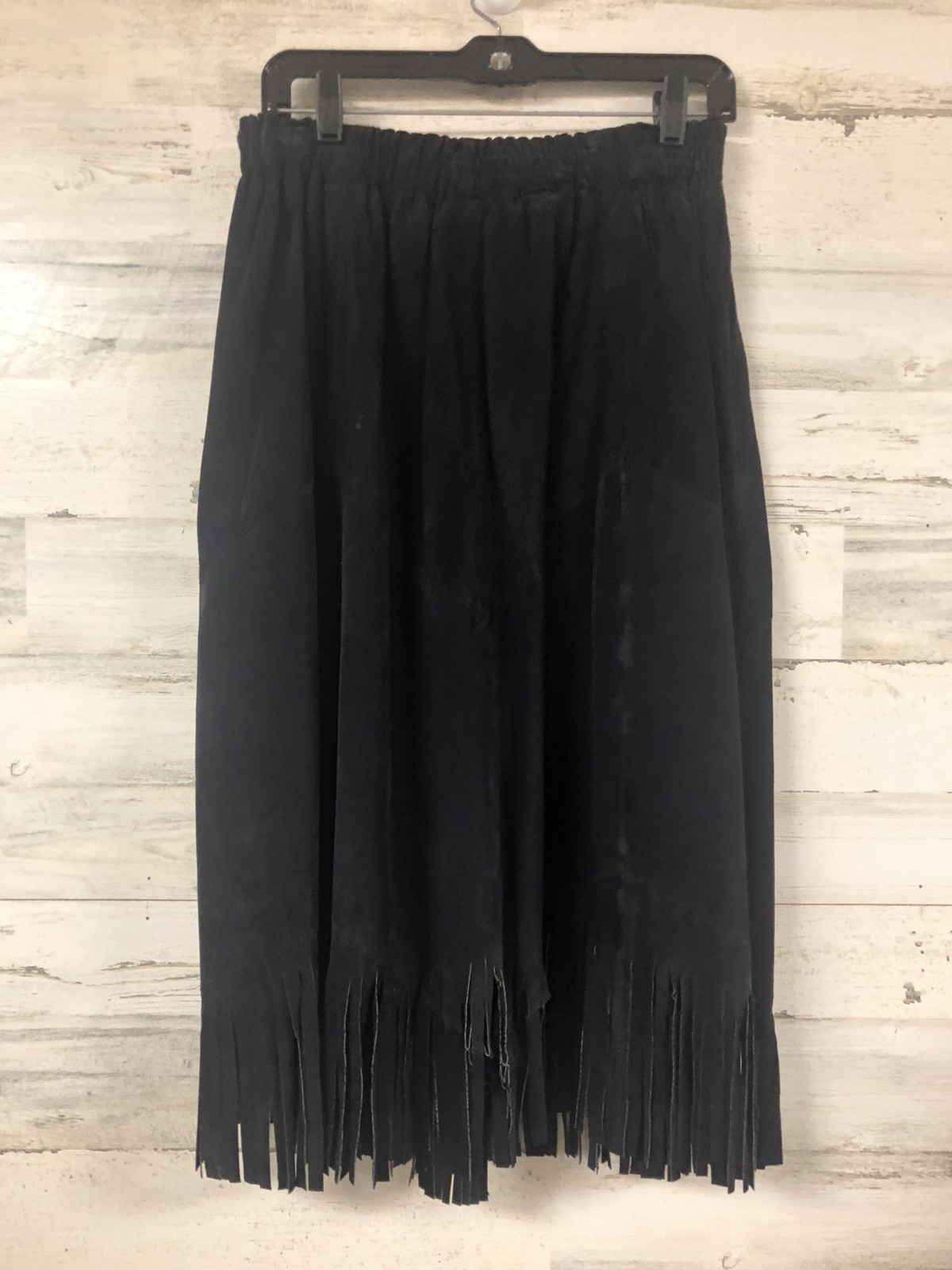 Vtg Etosha Black Suede Skirt W/ Fringe Sz M MIDI Western Cowgirl Festival Edgy