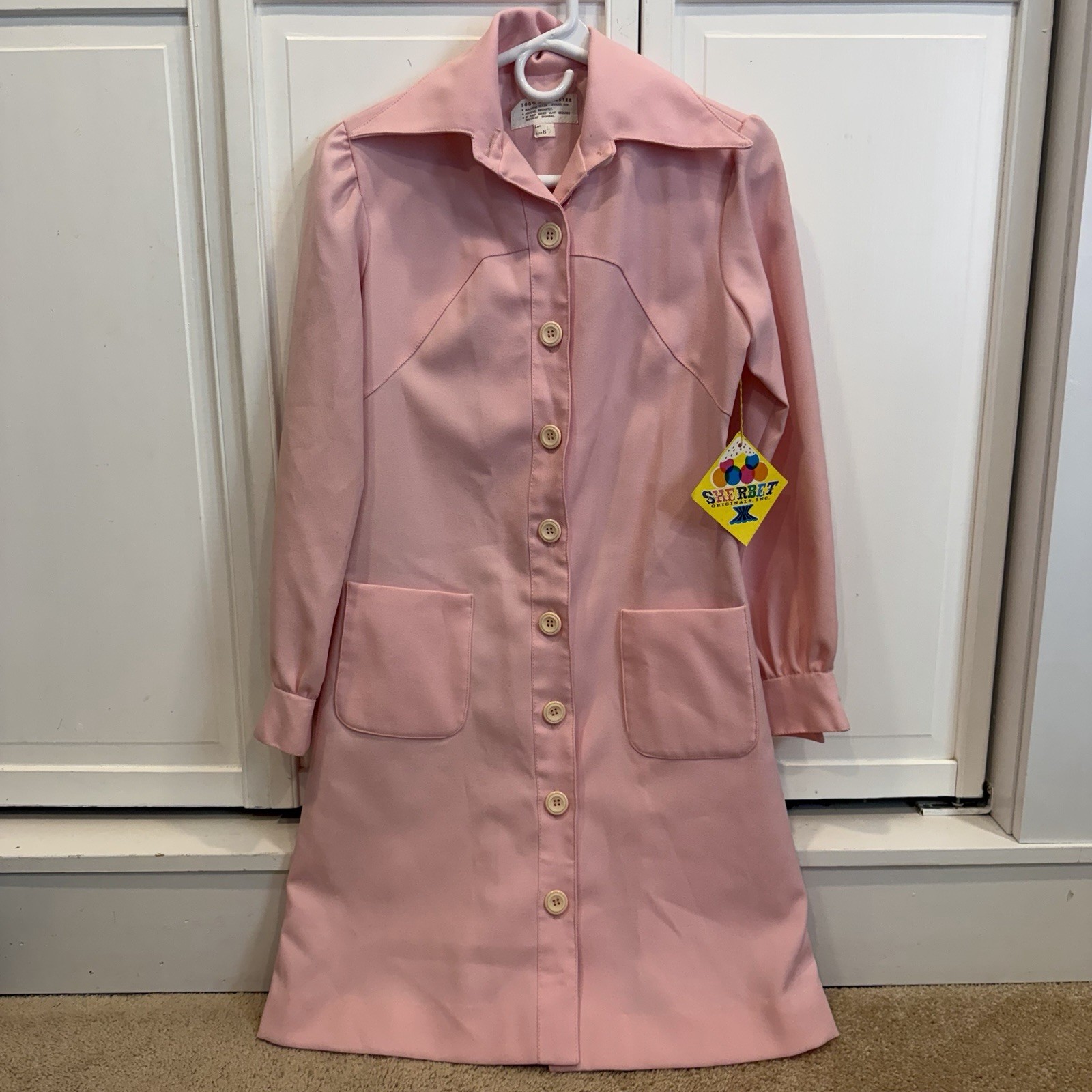 Vintage Sherbet Shirt Dress Juniors 8 Pink Button Front Mod GoGo A Line 60s