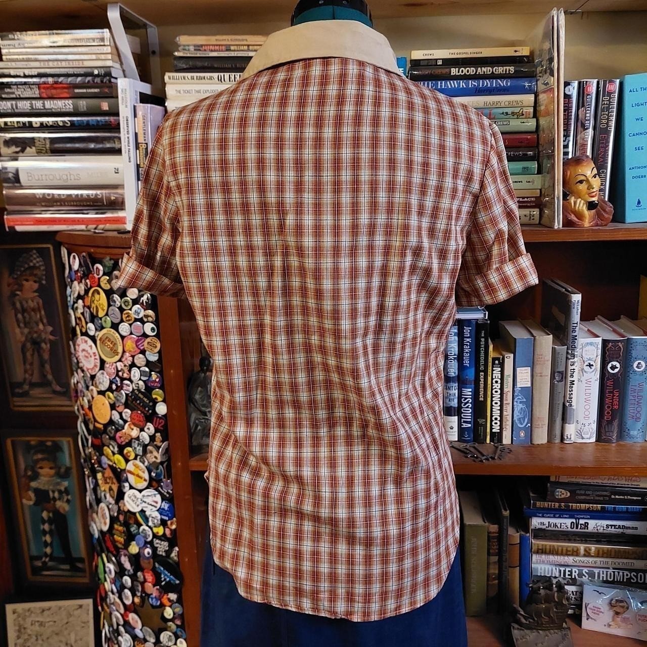 Vintage red and tan short sleeve plaid shirt.