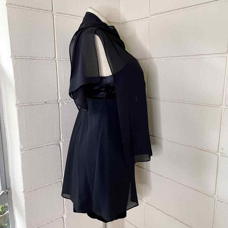 Vintage 90s Black Satin Babydoll Mini Dress Wrap Sleeveless Boulevard De Paris M