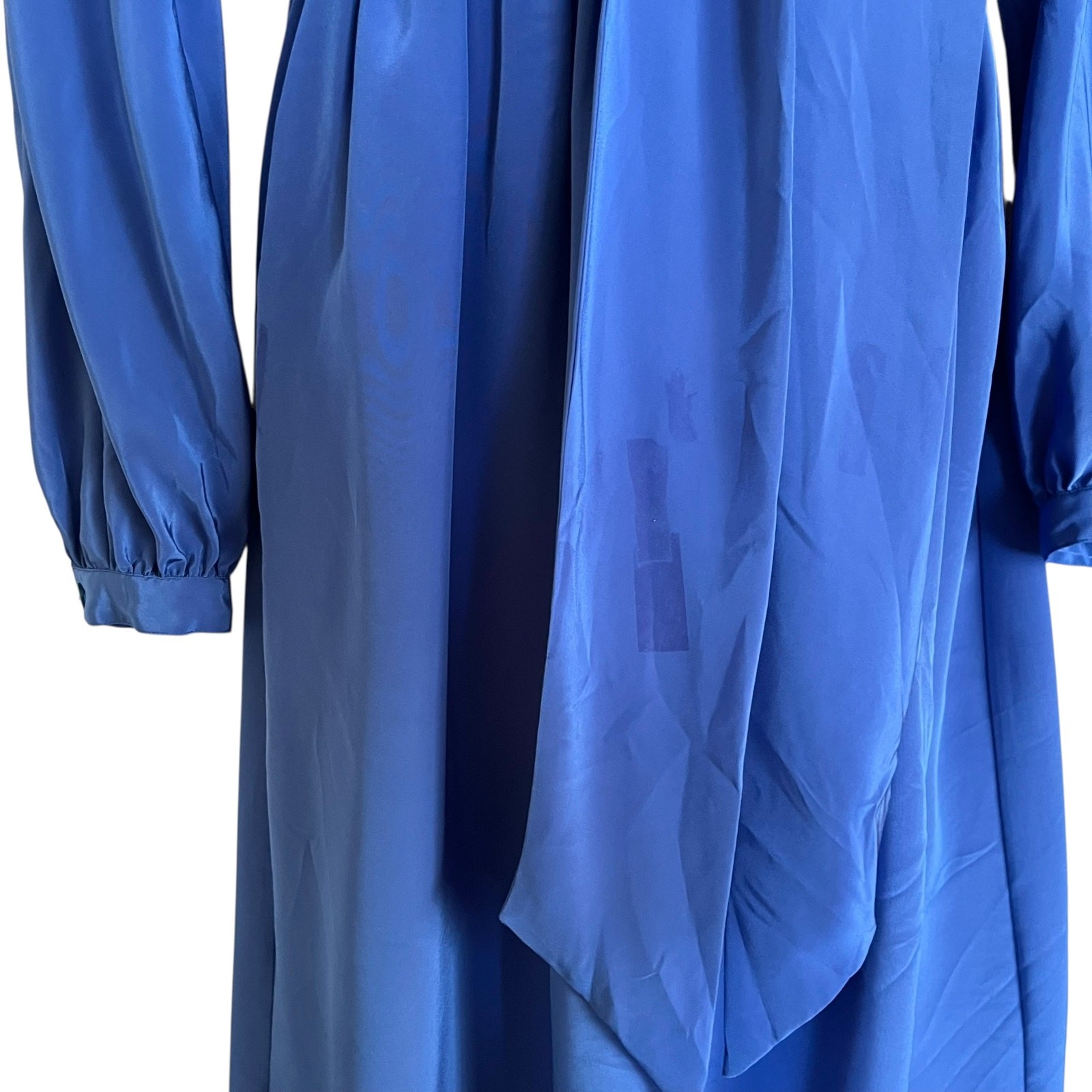 Vintage Halston III Blue Satin Tie-Neck Blouson Midi Secretary Shirt Dress XS/S
