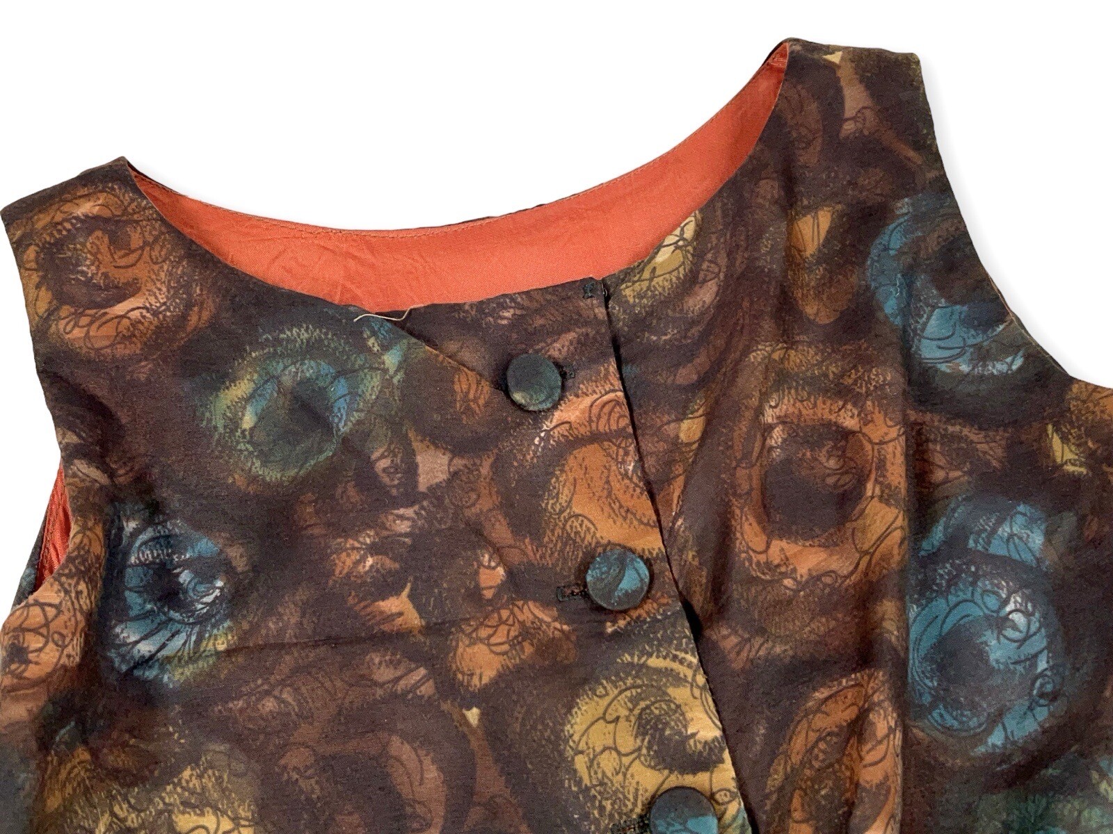 1950S BROWN BLUE FLORAL ABSTRACT NOVELTY DAY DRESS MS MAISEL S
