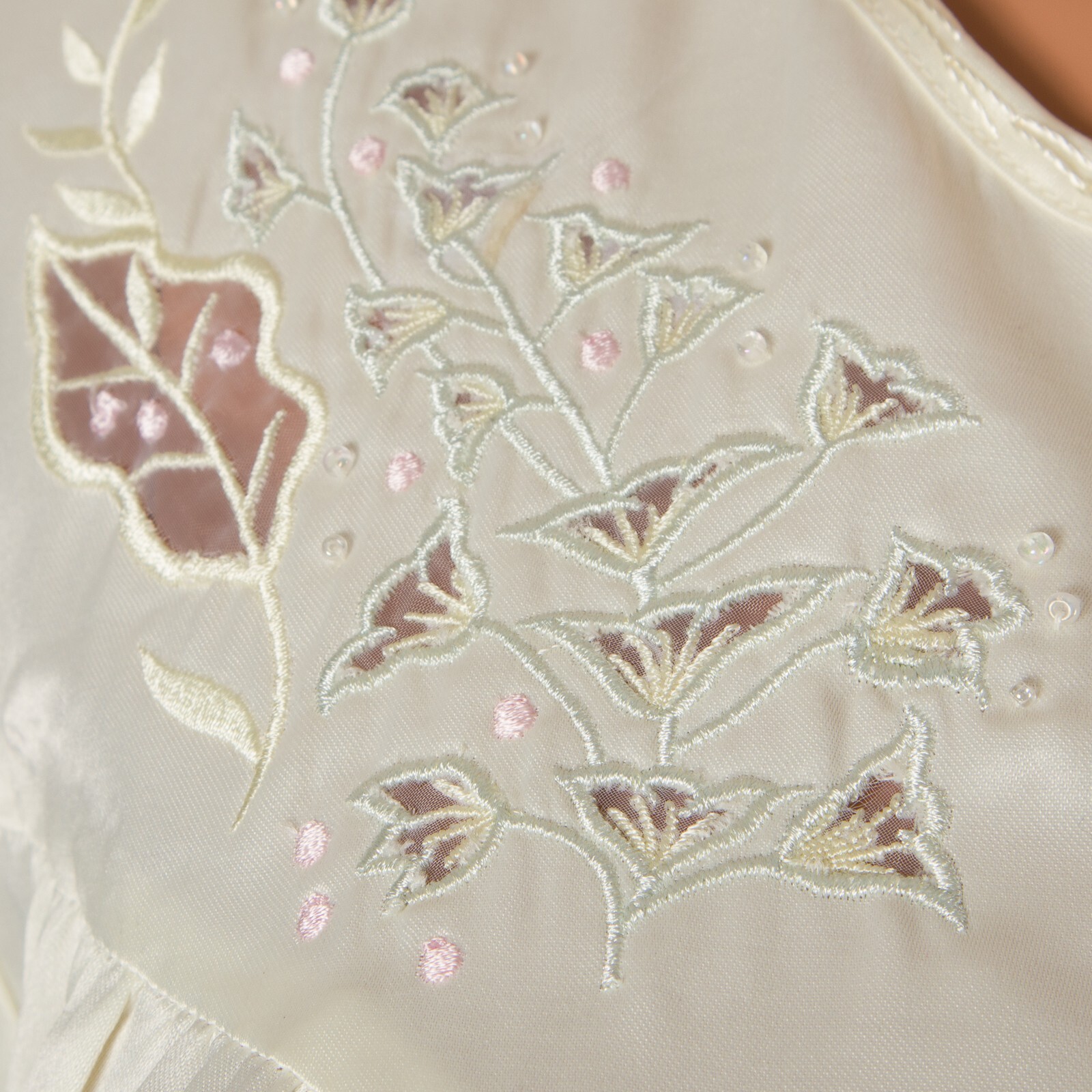 💖 BARBIZON Ivory Satin Nightgown Long Sleeve Cut-Out Embroidered Button Small