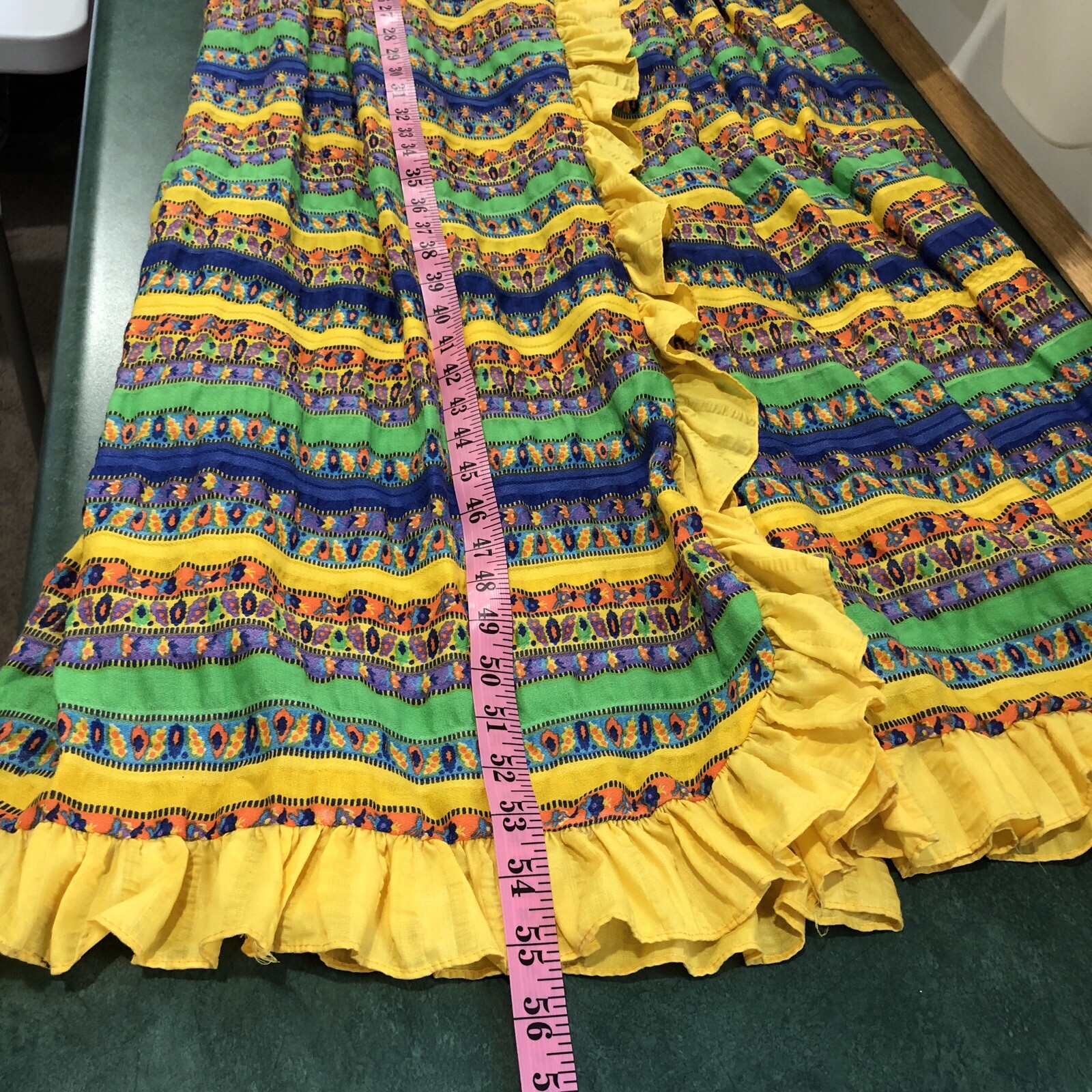 Vintage Lounge Craft Yellow Multi Sleeveless Ruffles 60s 70s Retro Maxi Dress