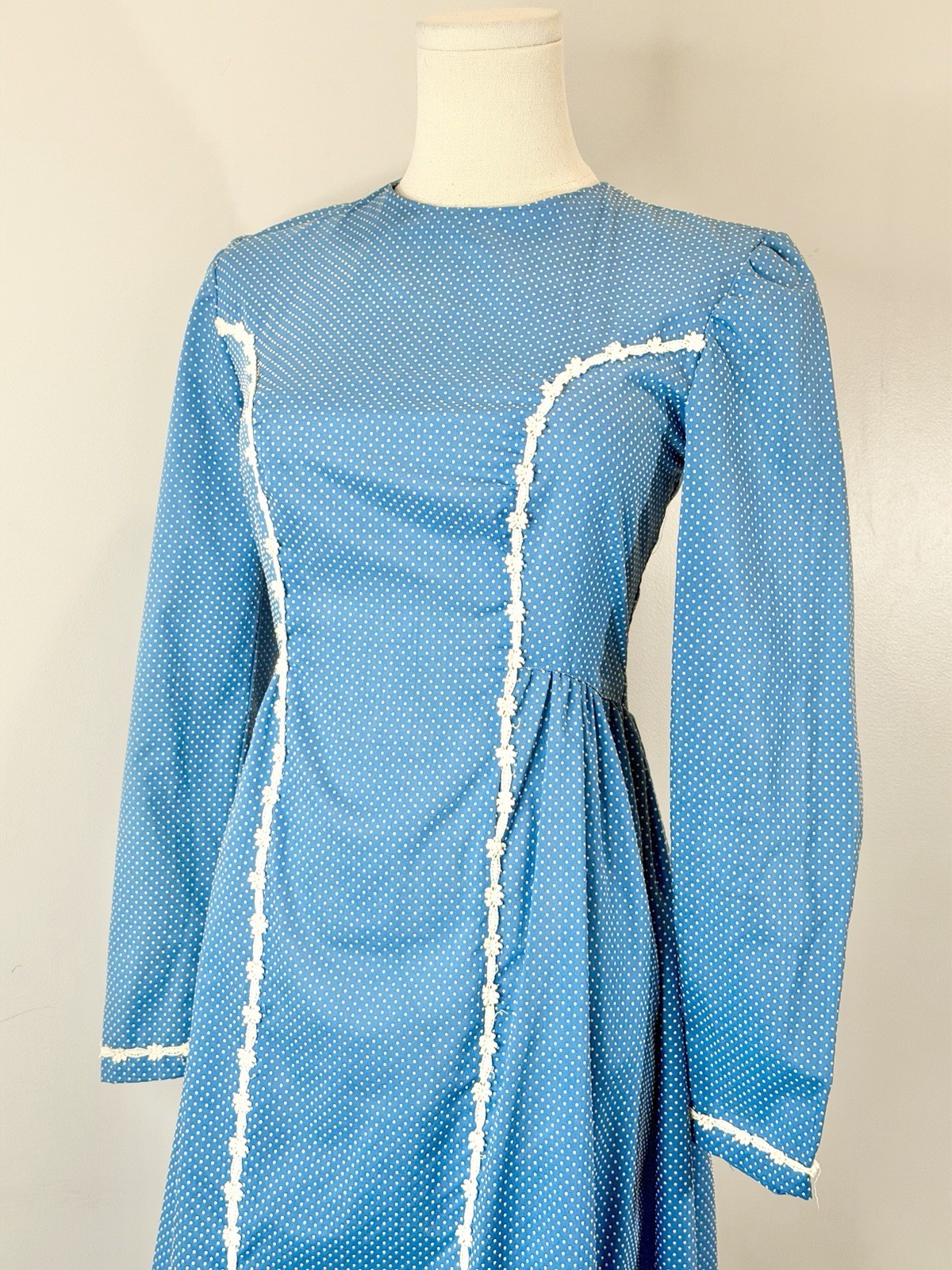 Vintage 1970s Prairie Dress Swiss Dot Cottagecore Romantic Elegant 70s Blue