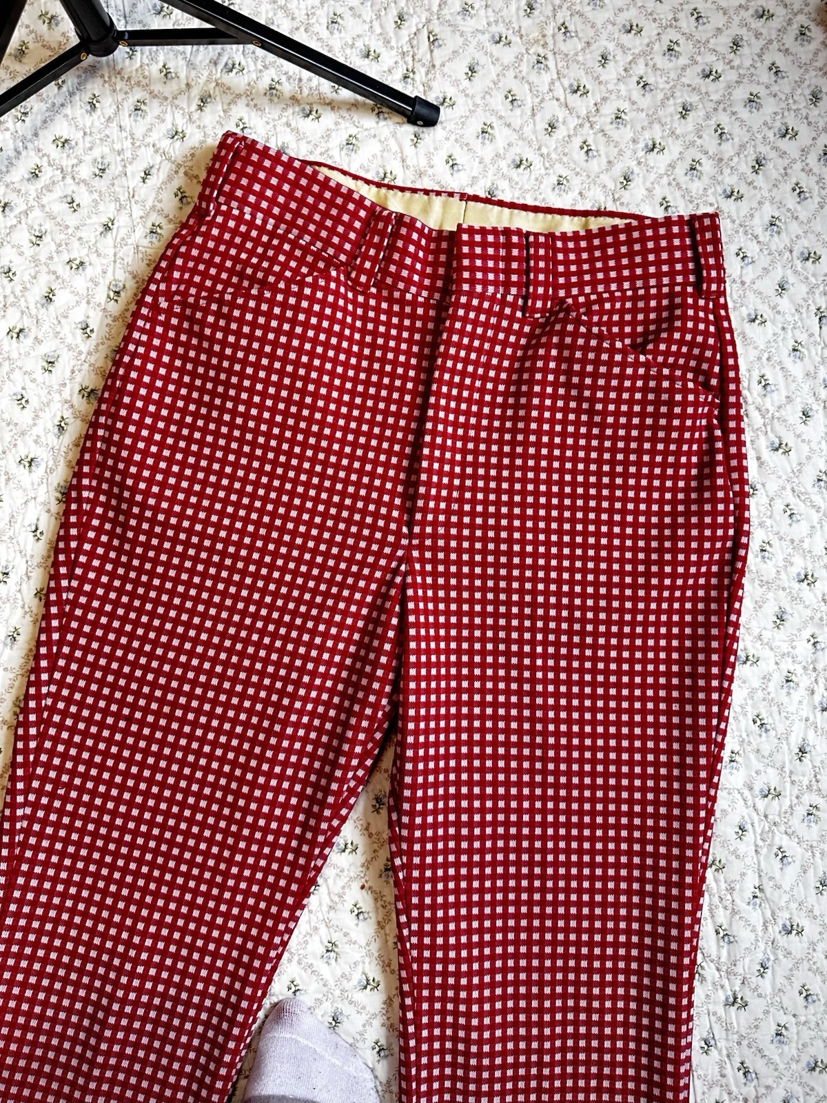 Vtg Red White Gingham Flare Leg High Rise Pant Waist 31” Cottagecore 70s Farm