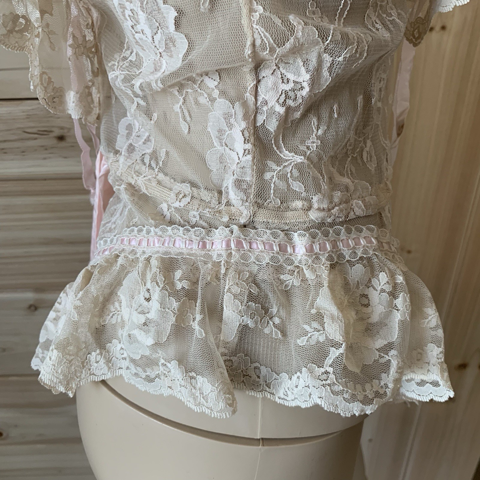 Vintage 70s 80s Designer Emil Bole Tan Beige nude Floral Lace Teddy W Ribbons