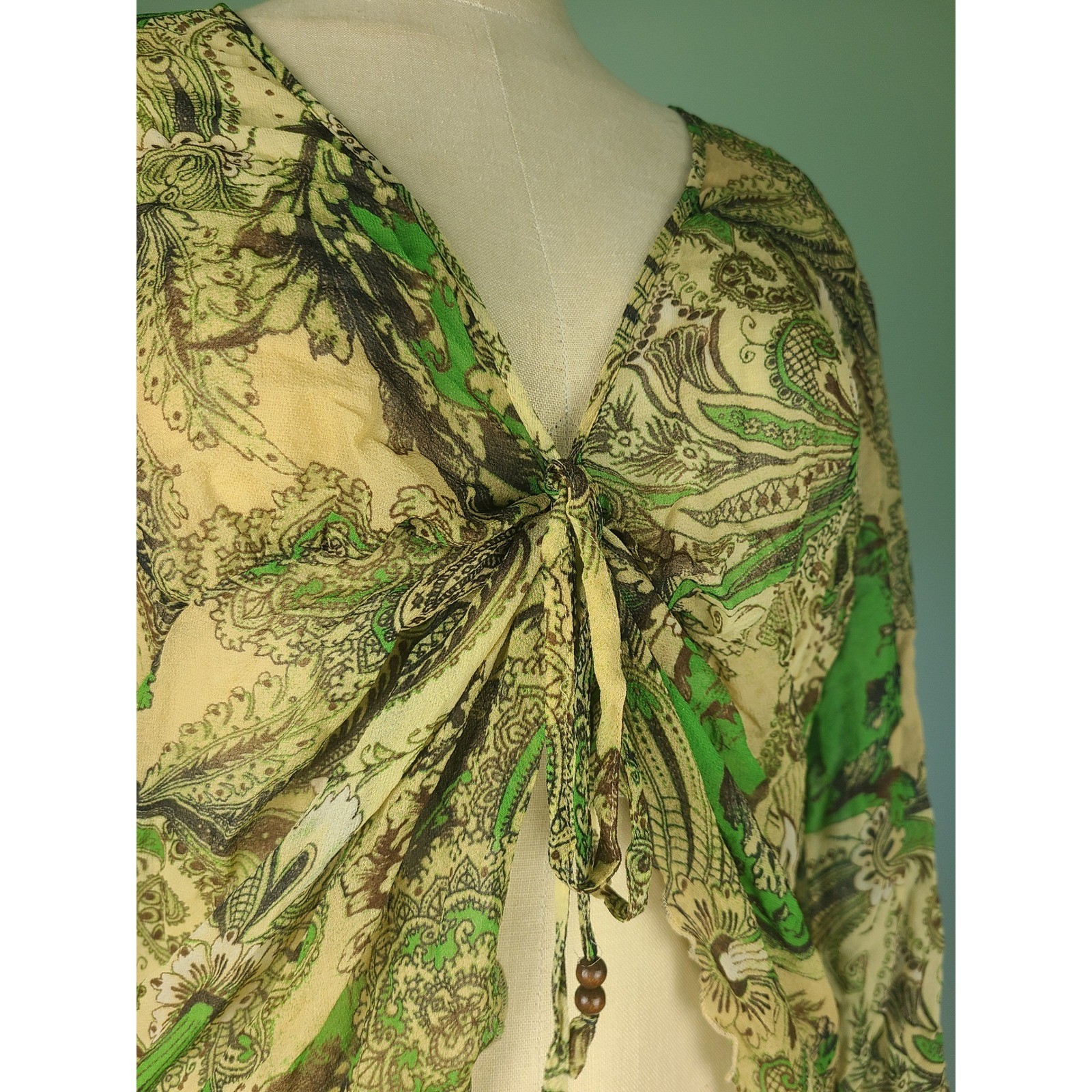 VTG Karen Kane XL 100% Silk Babydoll Top Green Paisley Fairycore Whimsical 70s