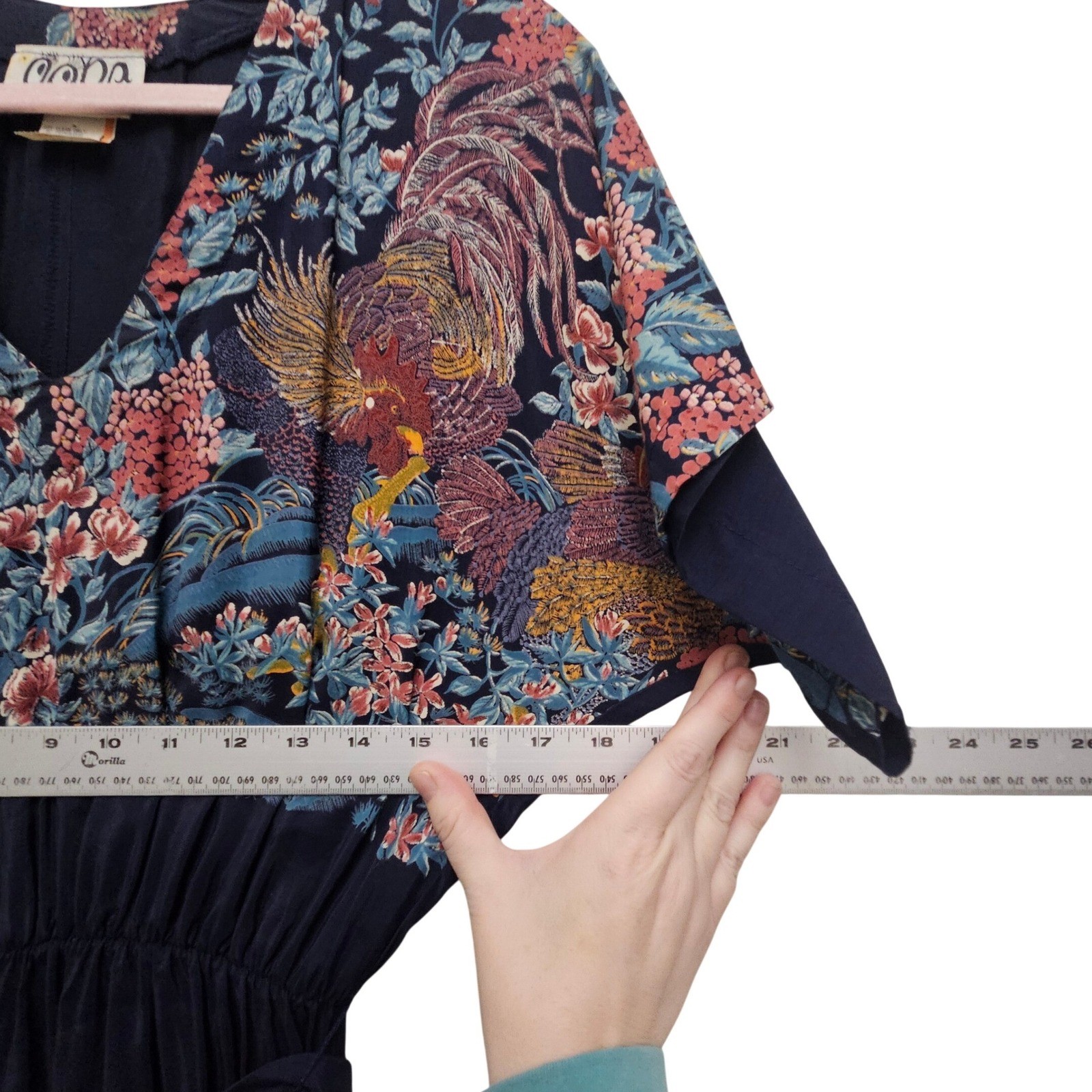 Vintage 80s Oops California Rayon Floral Rooster Midi Dress Navy Dolman Boho 5/6