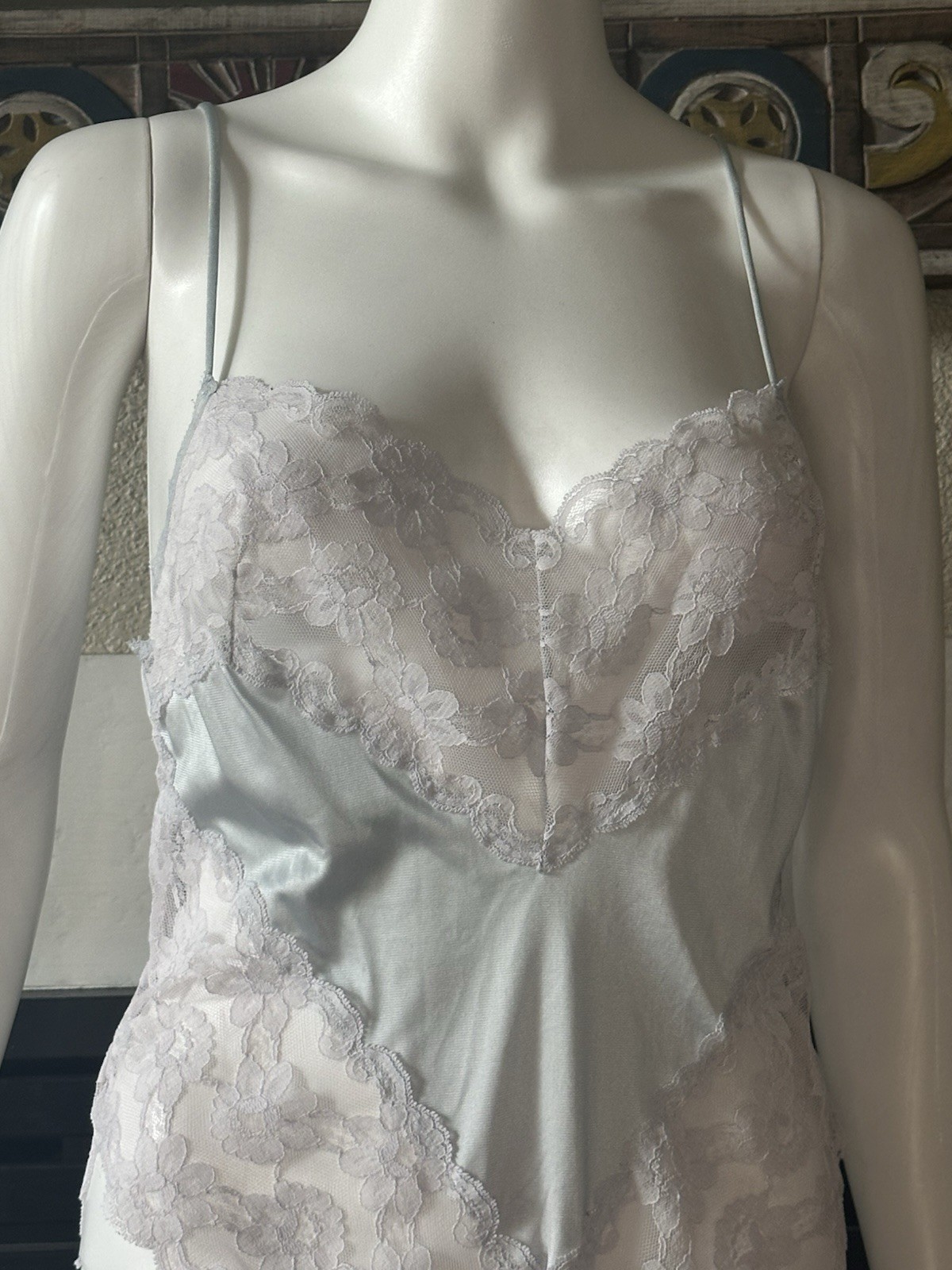 Kayser Vintage Blue Satin And Lace Teddy Sz 36 Armpit To Armpit 15” Length 29”