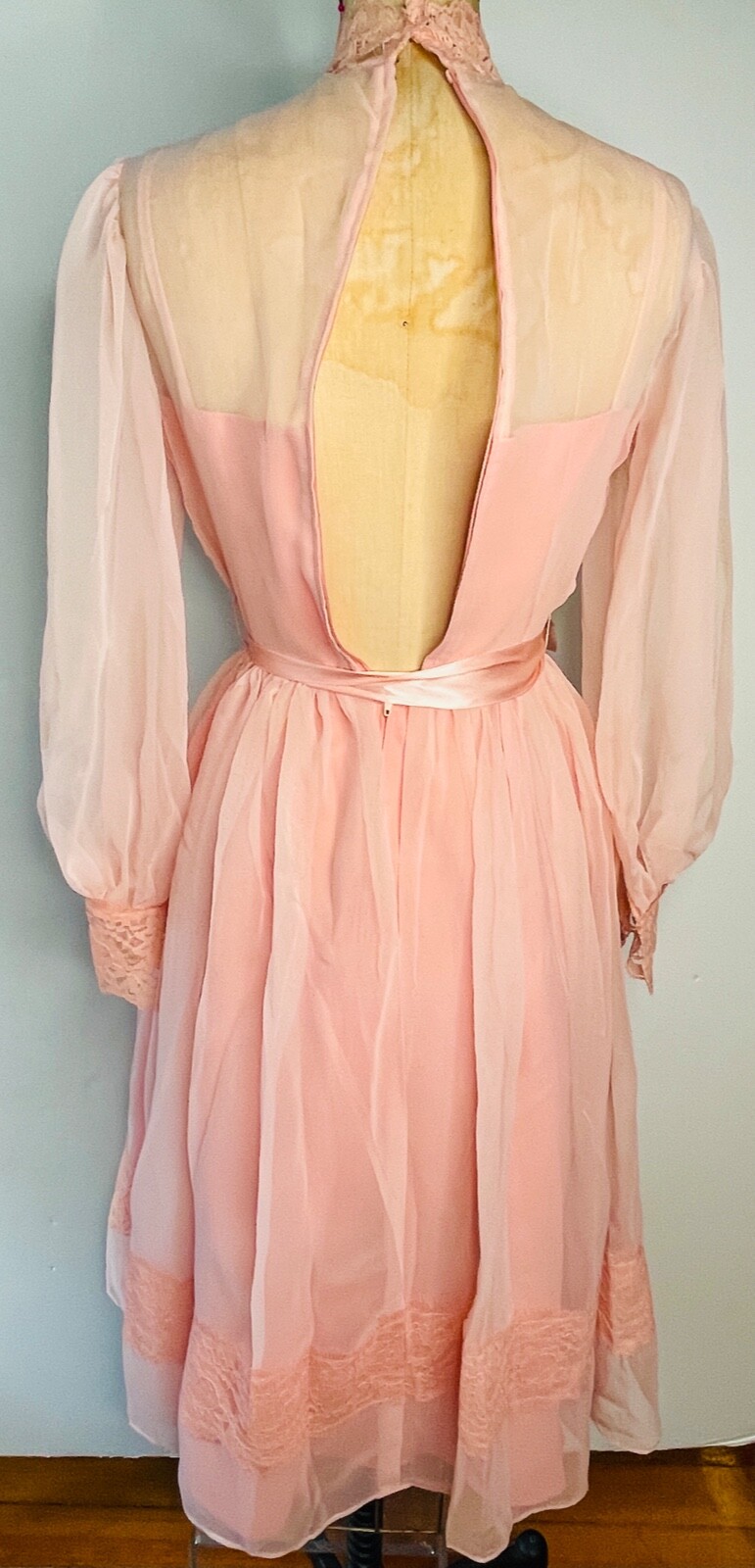 LOVELY!!VTG COTTAGECORE LOLITA COQUETTE PEACH PINK LACE&CHIFFON RUFFLED DRESS*XS