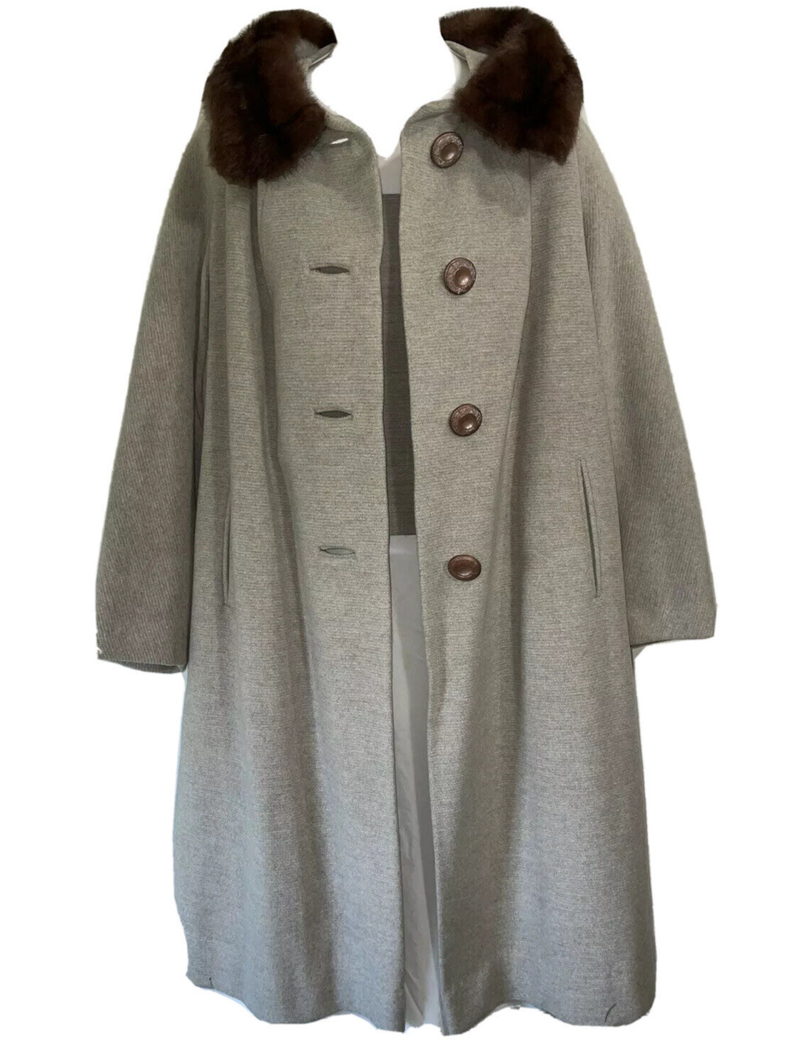 Vintage Coat Medium Large Long Gray Faux Fur Trim Overcoat Evening Jacket 50s