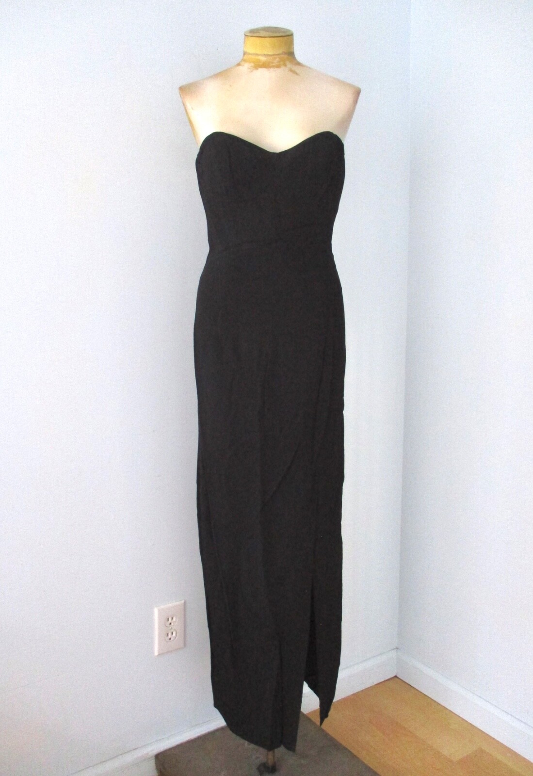 Vtg 80s 90s black rayon crepe maxi column evening dress strapless bustier XS/S