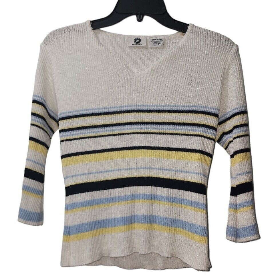 Arizona Jean Co. Striped Knit Top V-Neck 3/4 Sleeve Pullover Sweater Medium